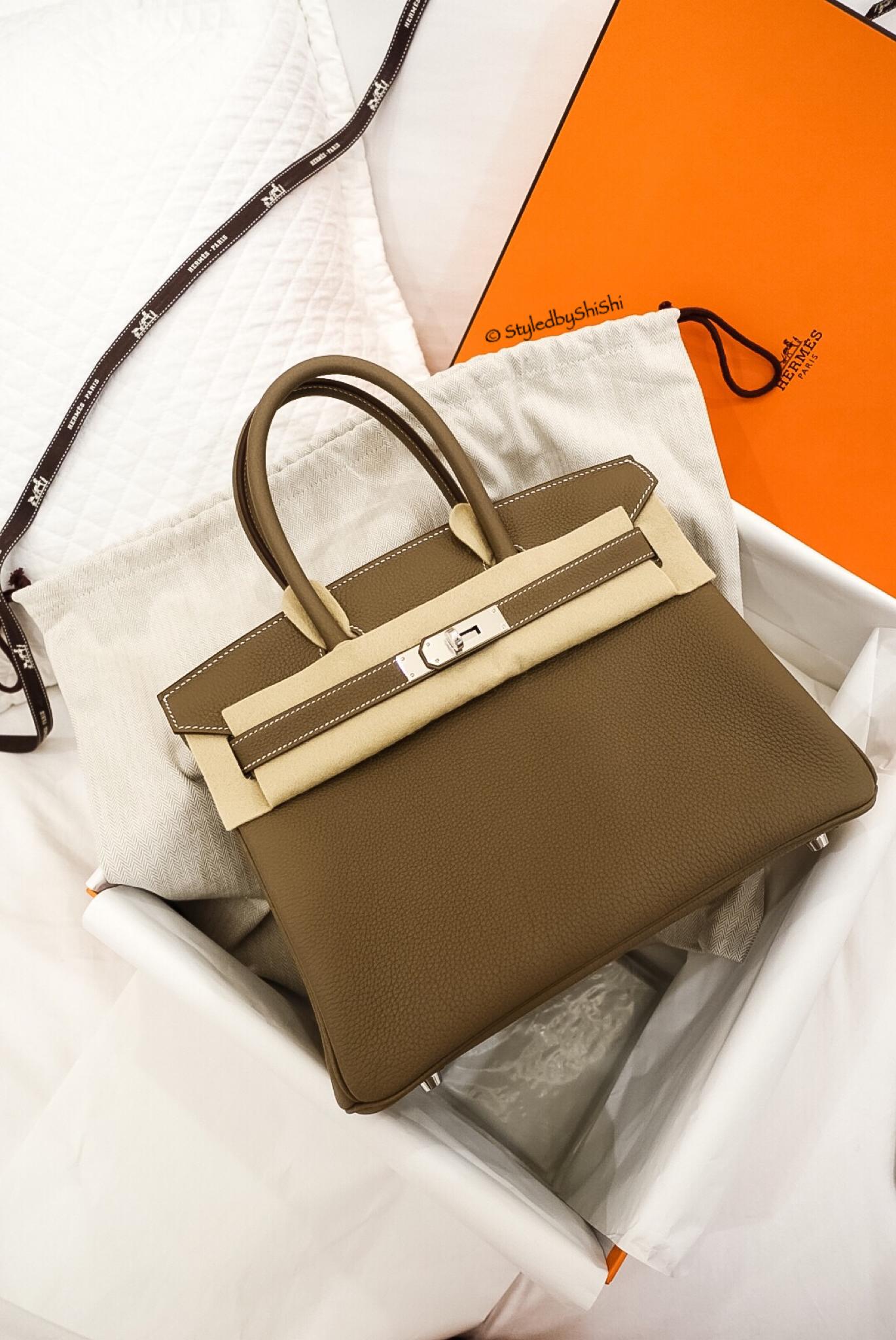 Hermes Graphite, Etoupe & Gris Tourterelle Clemence Leather Special Or