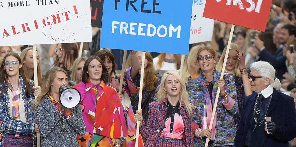 PARIS, FRANCE - SEPTEMBER 30: Models walk the show finale during the Chanel show as part of the Paris Fashion Week Womenswear Spring/Summer 2015 on September 30, 2014 in Paris, France. (Photo by Dominique Charriau/WireImage)