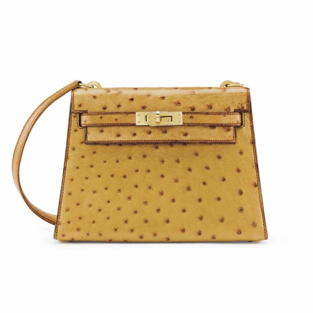 A COGNAC OSTRICH MINI SELLIER SHOULDER KELLY 20 WITH GOLD HARDWARE SM