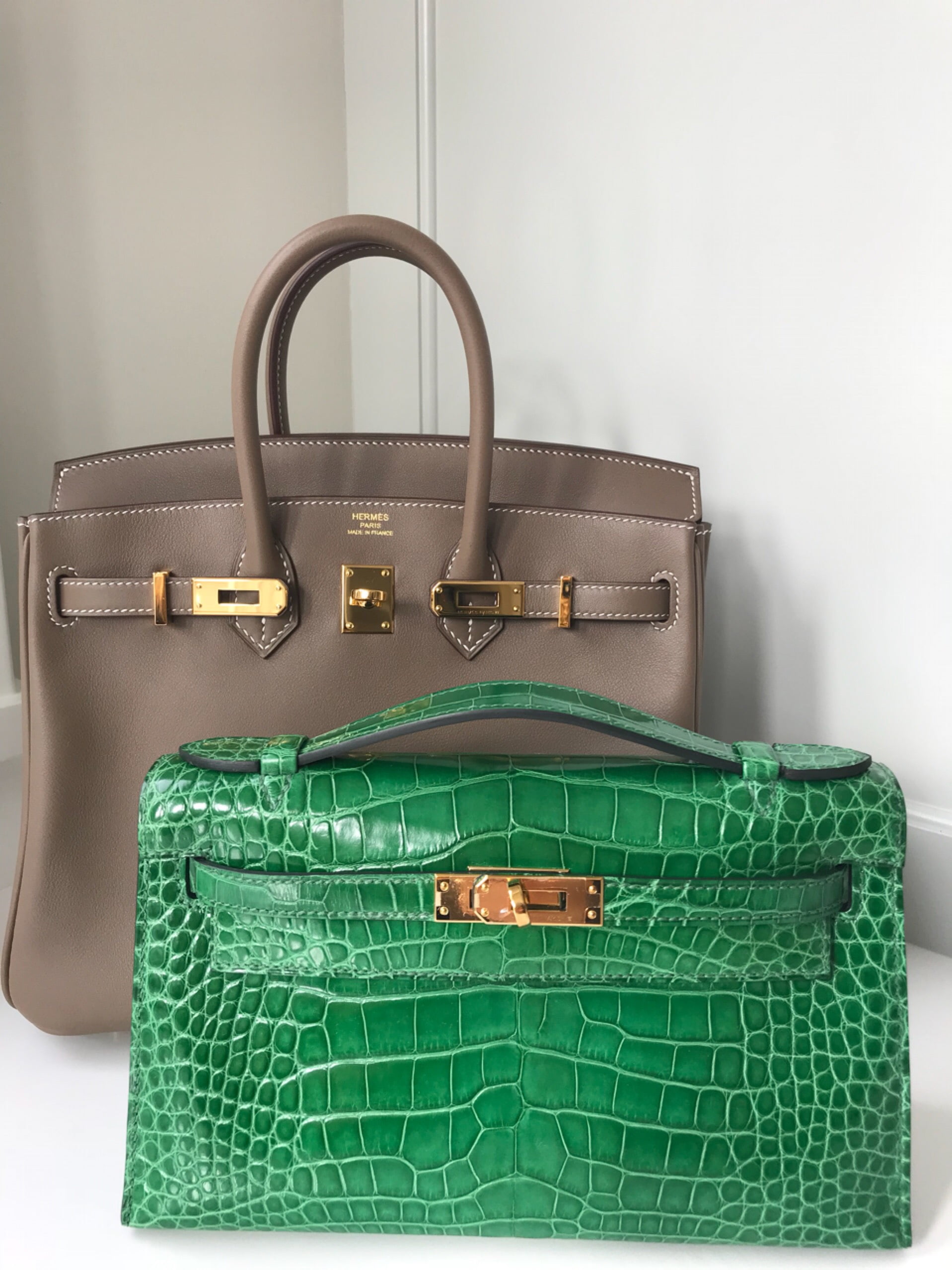 Hermes Kelly 35cm Emerald Green Shiny Croc PHW - Lilac Blue London