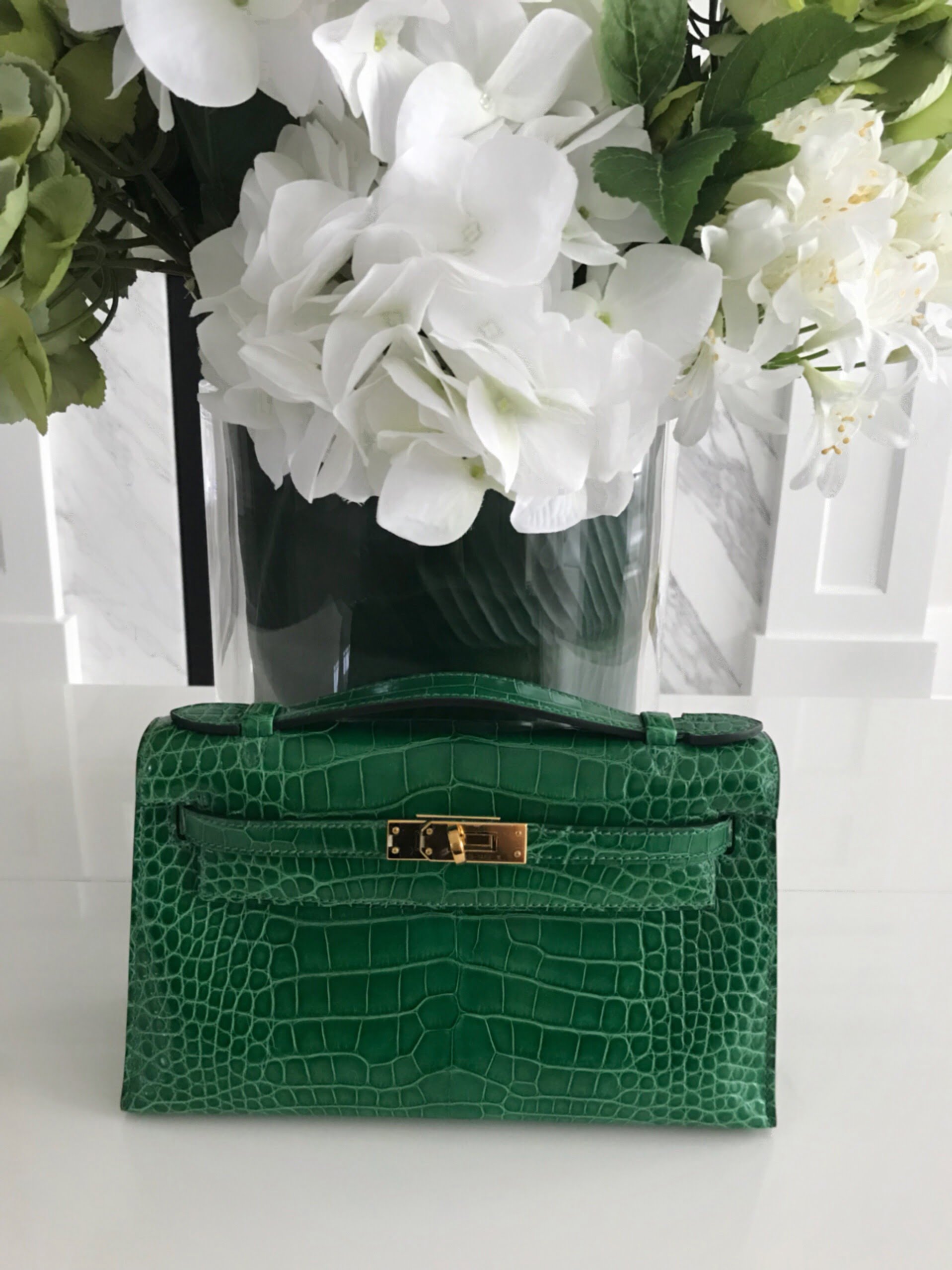Hermes Kelly Pochette Clutch Bag Emerald Toned Malachite Epsom