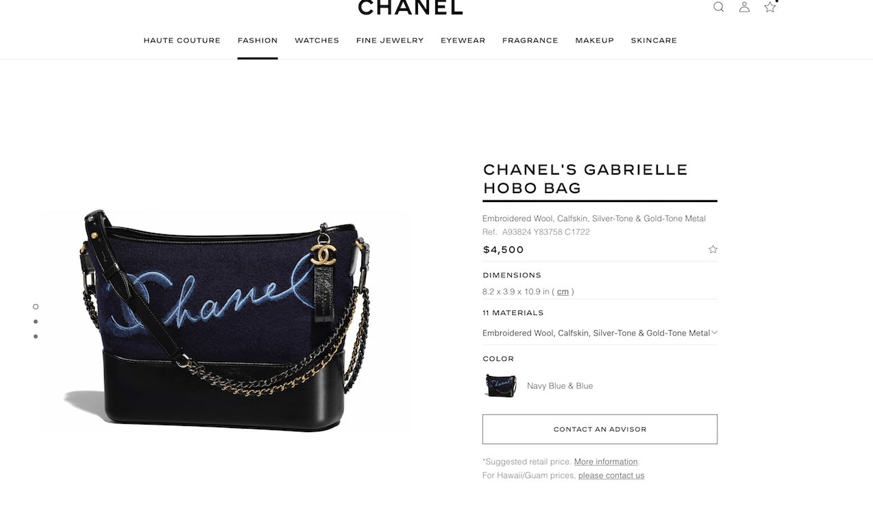 Pricing at chanel.com on July 2, 2018