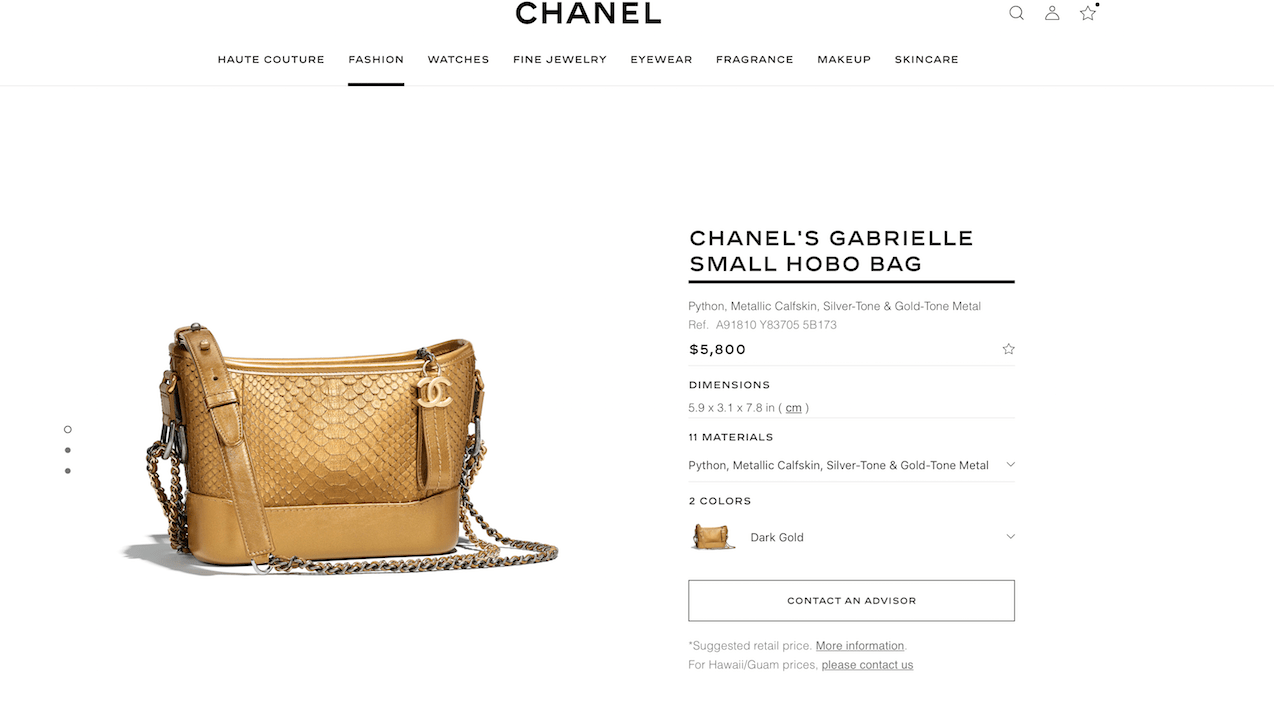 Pricing at chanel.com on July 2, 2018