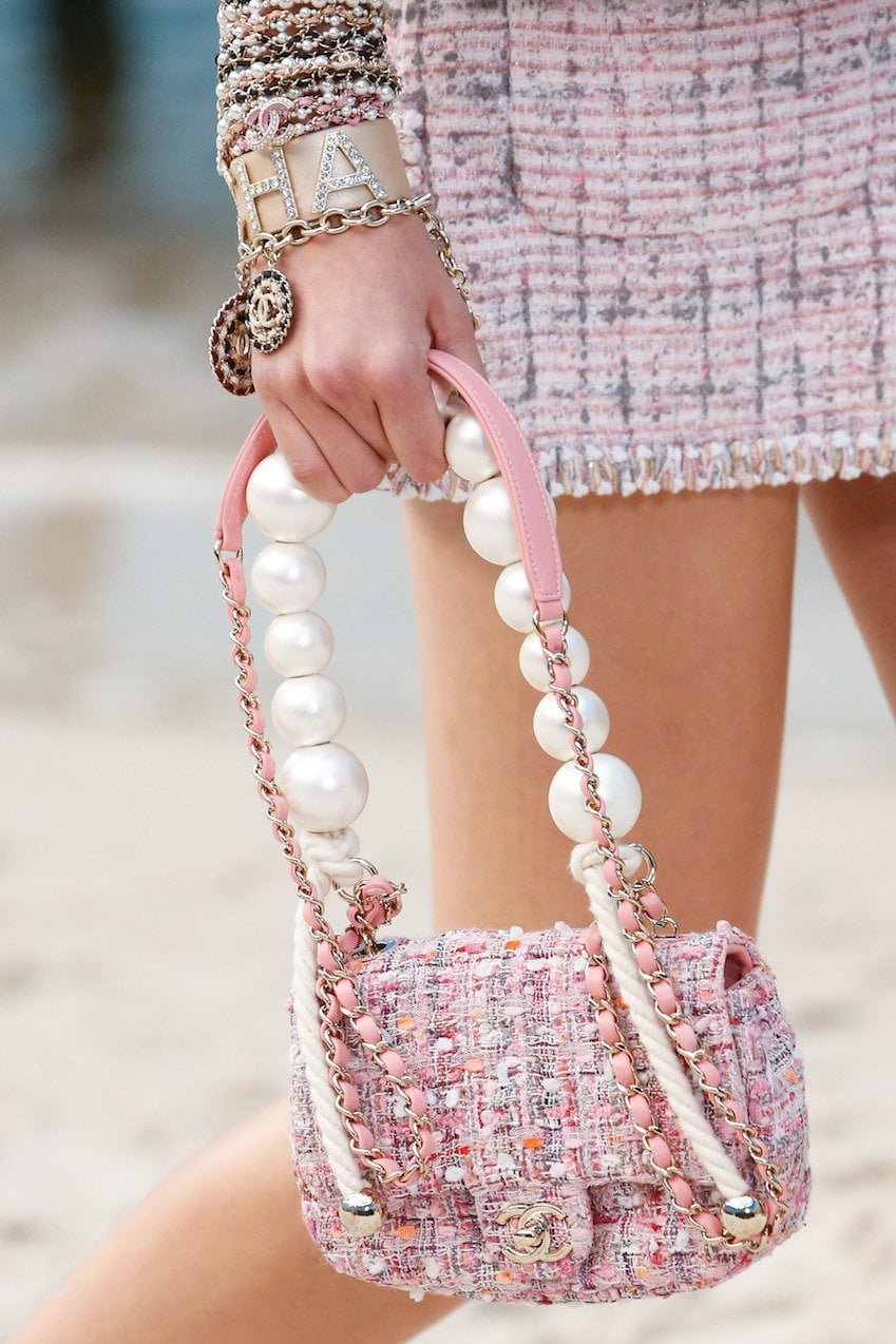 Chanel Pink Tweed Small Pearl Handle Flap Bag Chanel