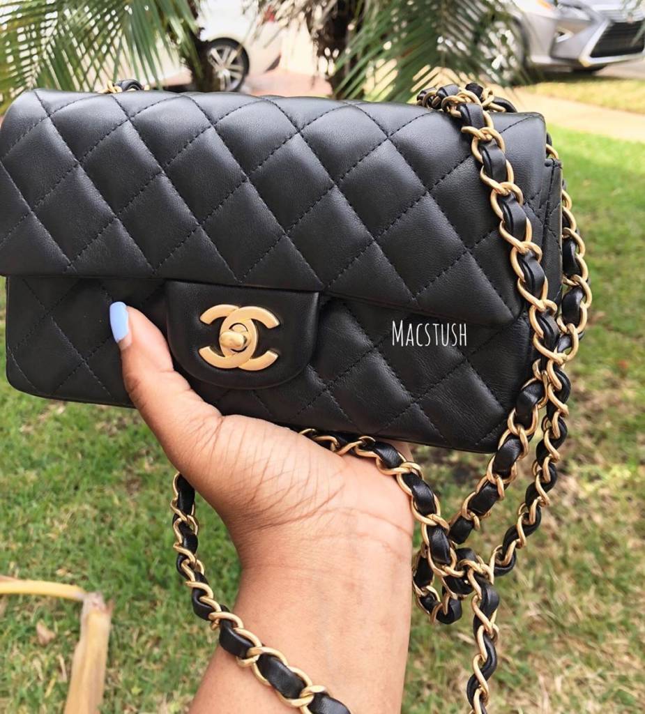 Chanel Vintage Square Classic Mini Single Flap Quilted Black Lambskin 24k  Plated