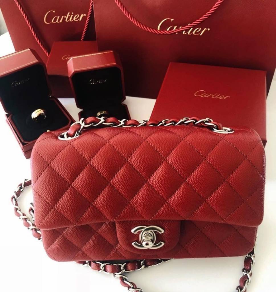 Chanel Classic Mini Square 17B Red Quilted Caviar with silver hardware