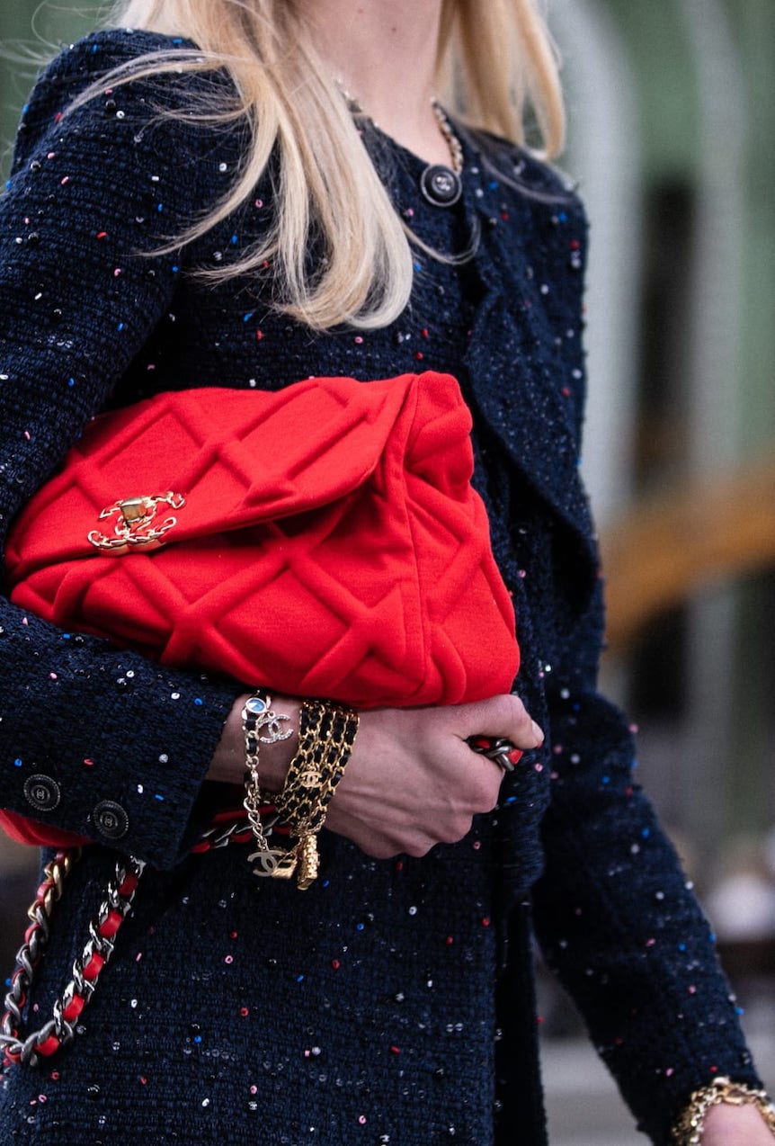 Chanel - Cruise 2019/20, Black & red patent calfskin & silver-tone metal  classic handbag ($5,800)