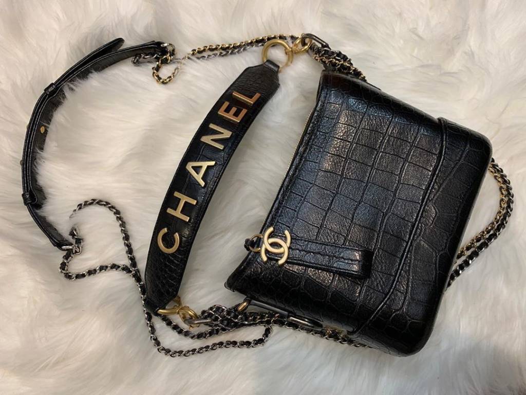 Chanel Black Crocodile Shoulder Bag with Gold Multi-Strand Chain Strap