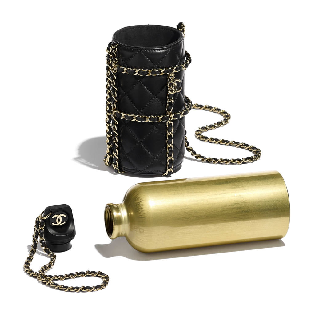 Black Quilted Lambskin CC Water Bottle Gold Hardware, 2020