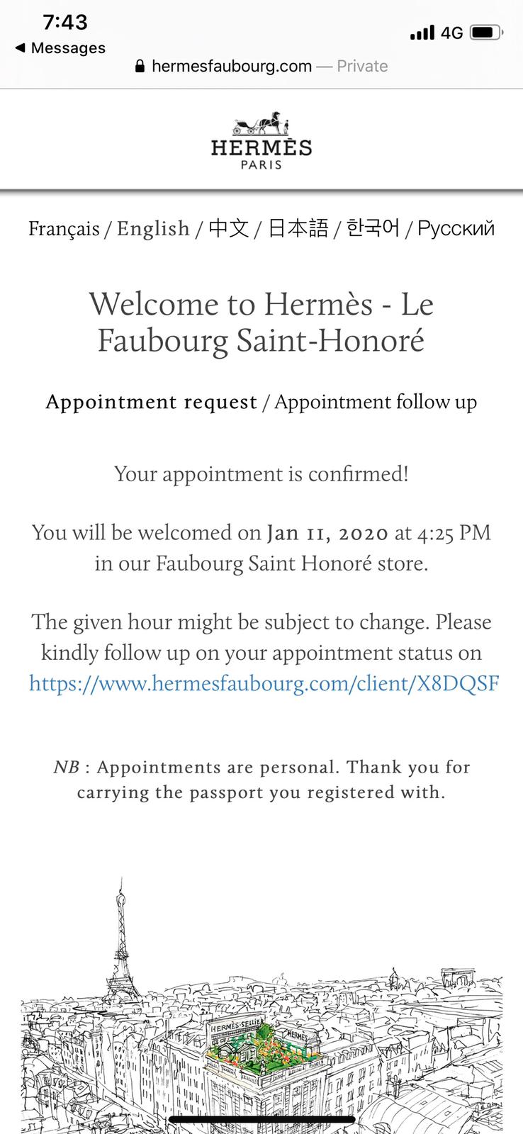 Hermes appointment time confirmation