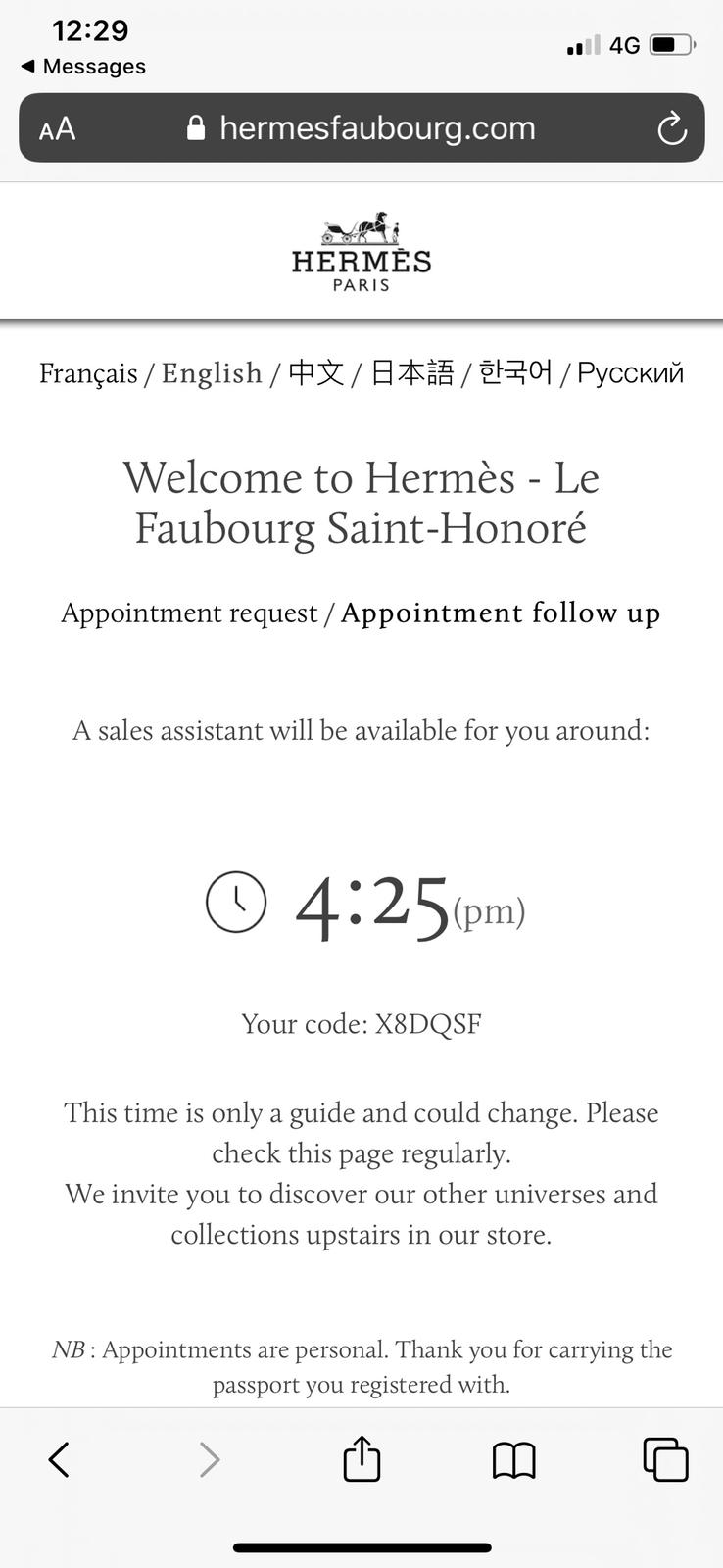 hermes appointment website