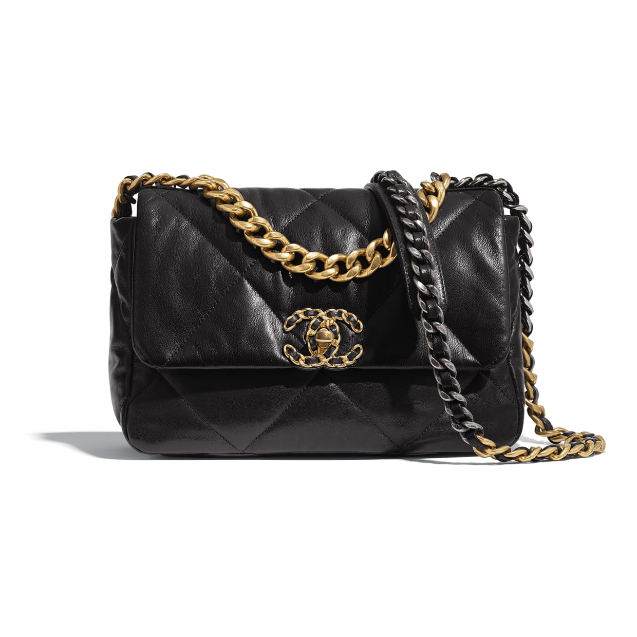 CHANEL 19 Flap Quilted Lambskin Leather Shoulder Bag Black