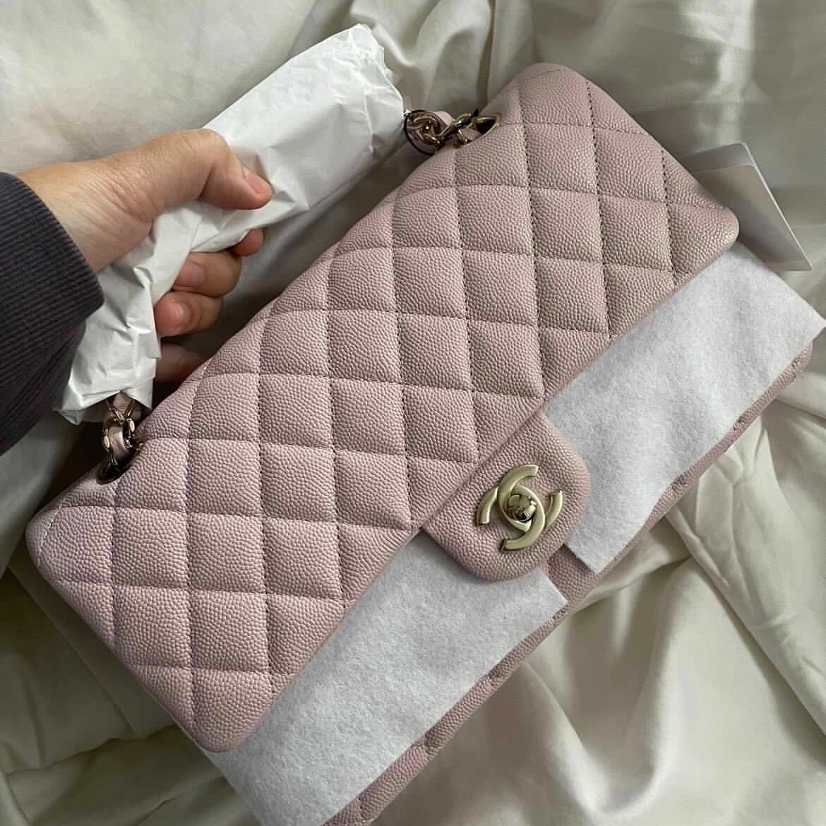 Buy CHANEL 21S Pink Clair Caviar Classic Flap Quilted Medium LGHW