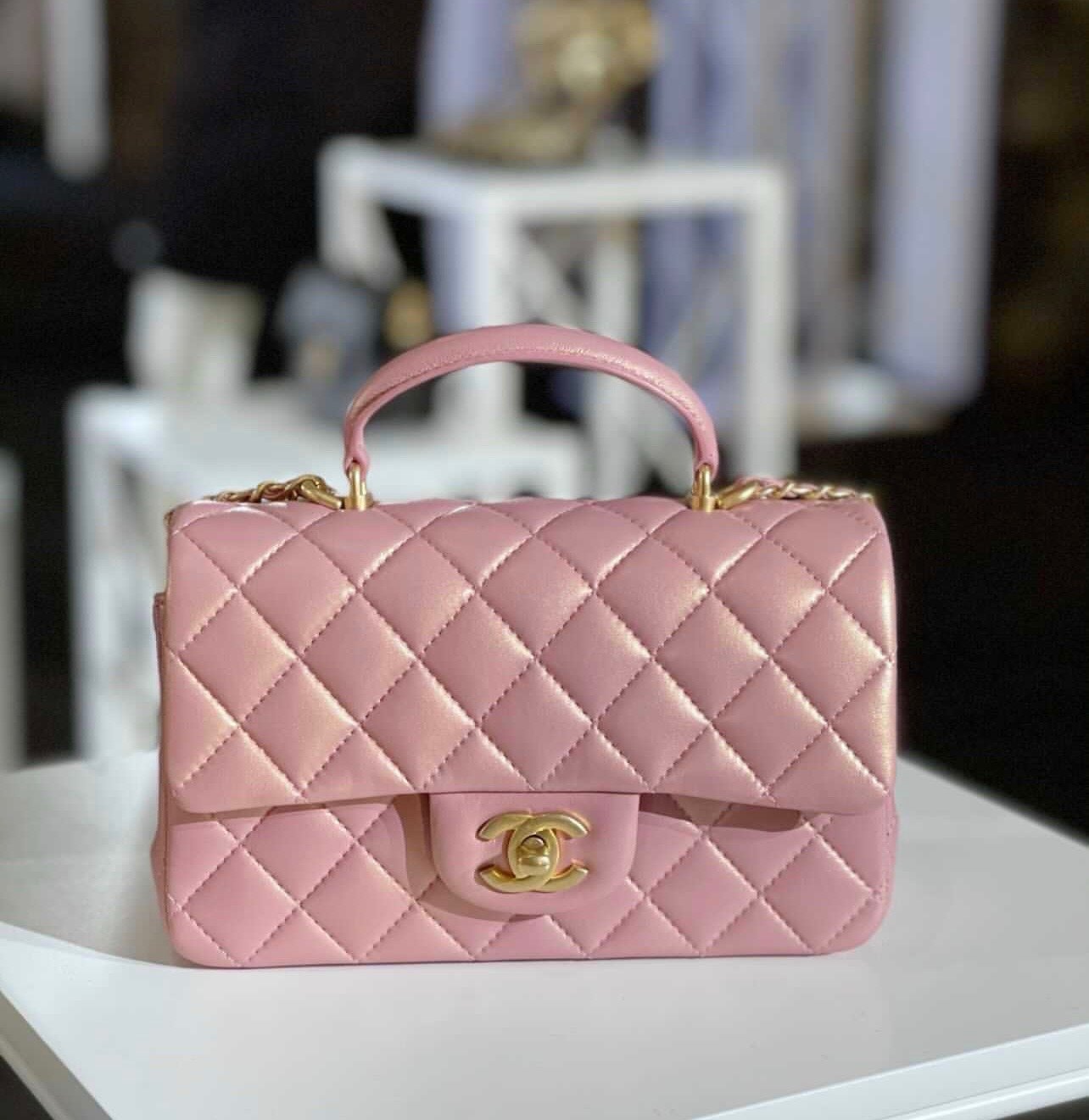 New CHANEL Square Mini 2021 Iridescent Pink Calfskin Leather Bag