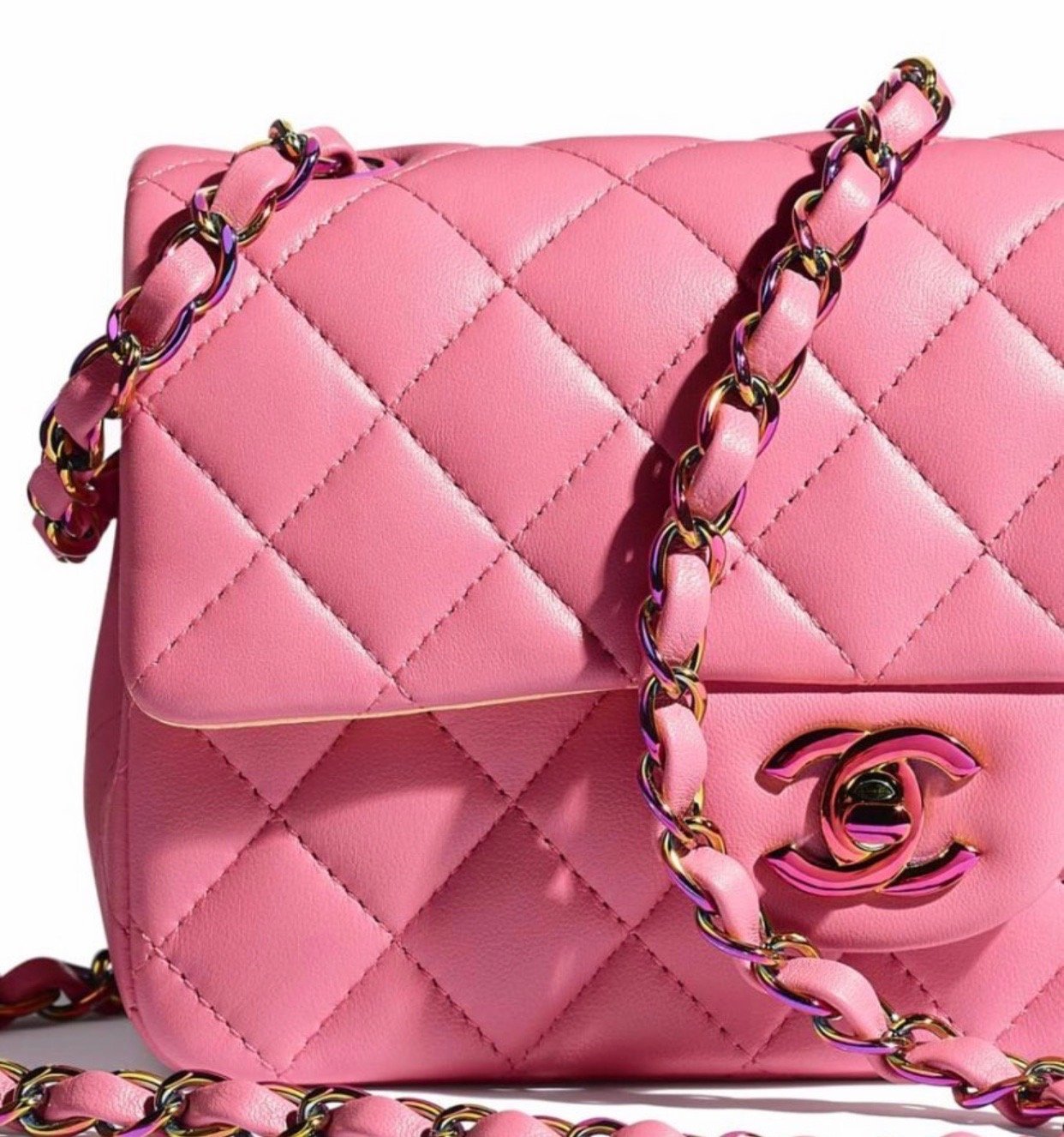 Chanel Classic Small, Pink Lambskin with Rainbow Hardware, Preowned in Box  WA001 - Julia Rose Boston