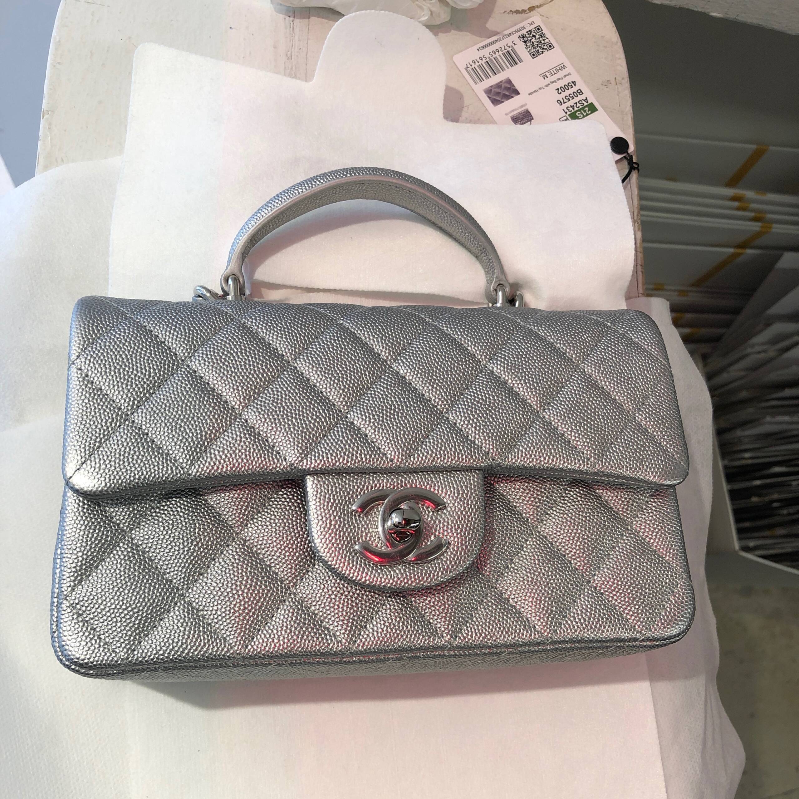 Chanel Top Handle Mini Rectangular Flap Bag Silver Caviar Silver