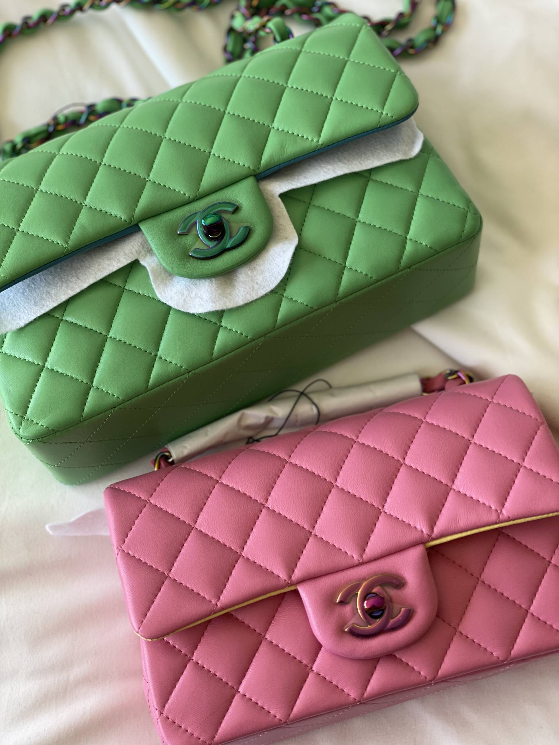 Chanel Classic Mini Rectangular 21P Pink Quilted Lambskin with rainbow  hardware