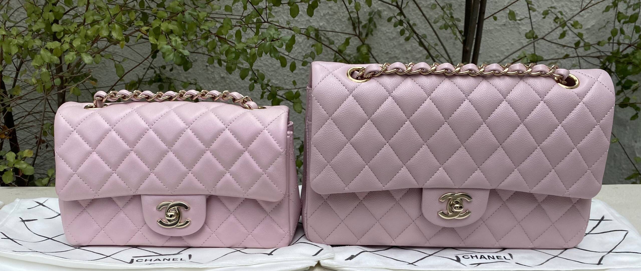 CHANEL 21S Rose Clair Lilac Pink Caviar Small Classic Flap Light