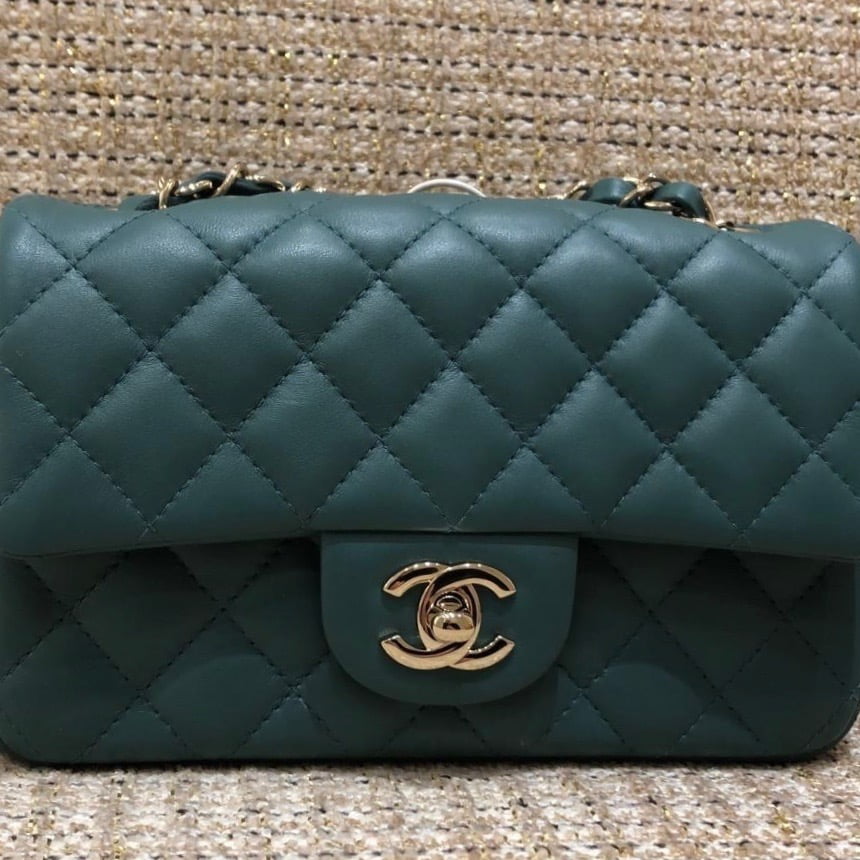 Chanel Olive Green Quilted Lambskin Mini Flap Bag With Pearl Crush