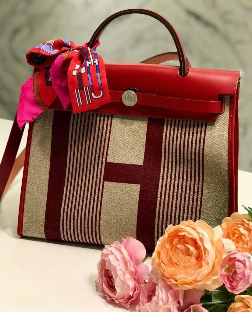 A Rare Size Hermes Changeable Mini 'Herbag' in Red and Orange Toile, Gold  Hardware at 1stDibs