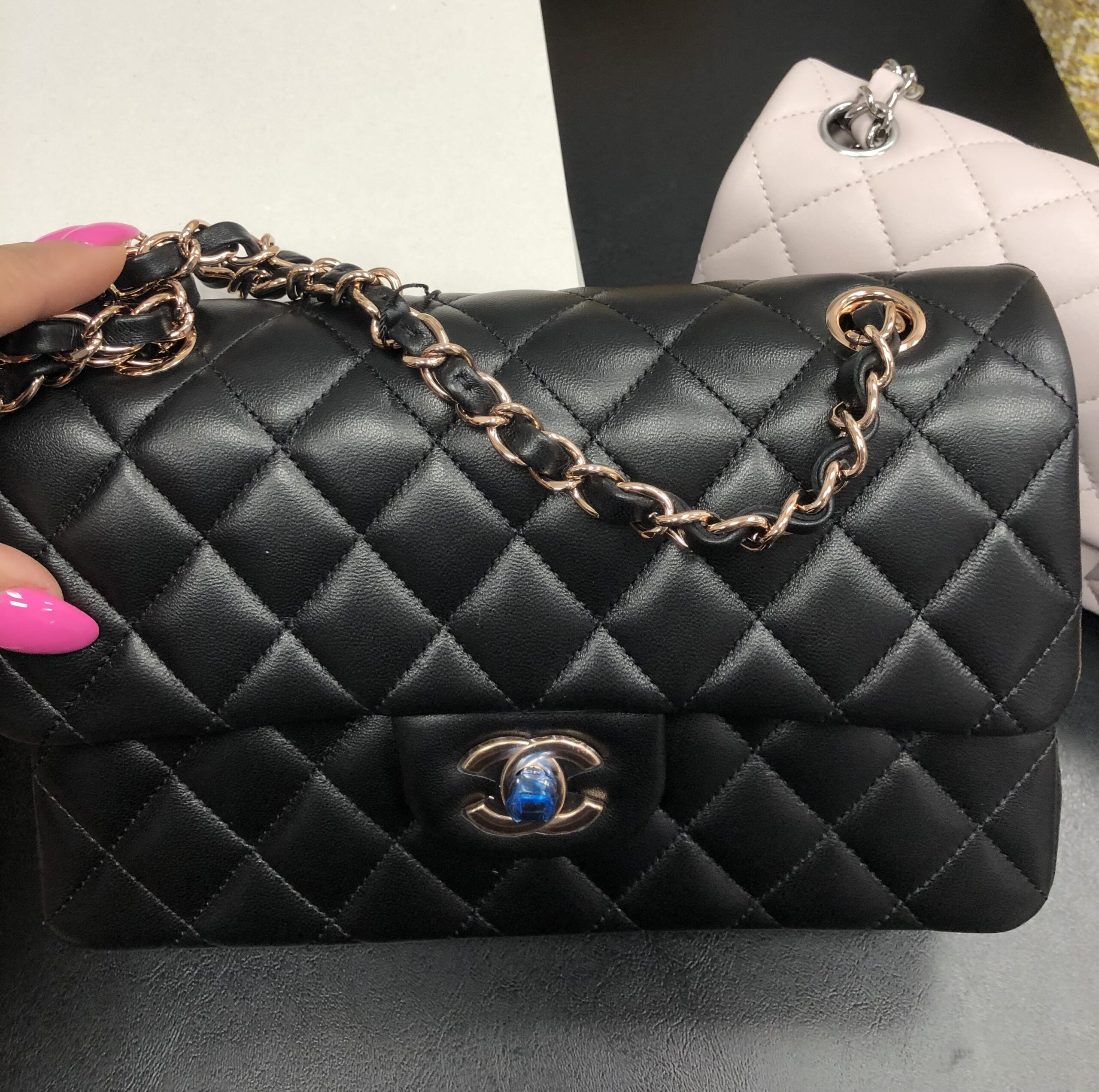 Chanel Black Lambskin Leather Quilted Classic Double Flap Small Bag w/ Rose  Gold