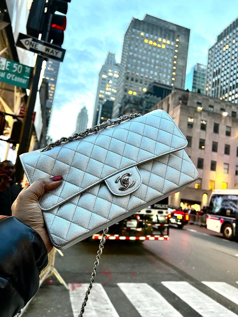 Chanel 21K Metallic Silver Caviar Leather Medium Classic Flap with