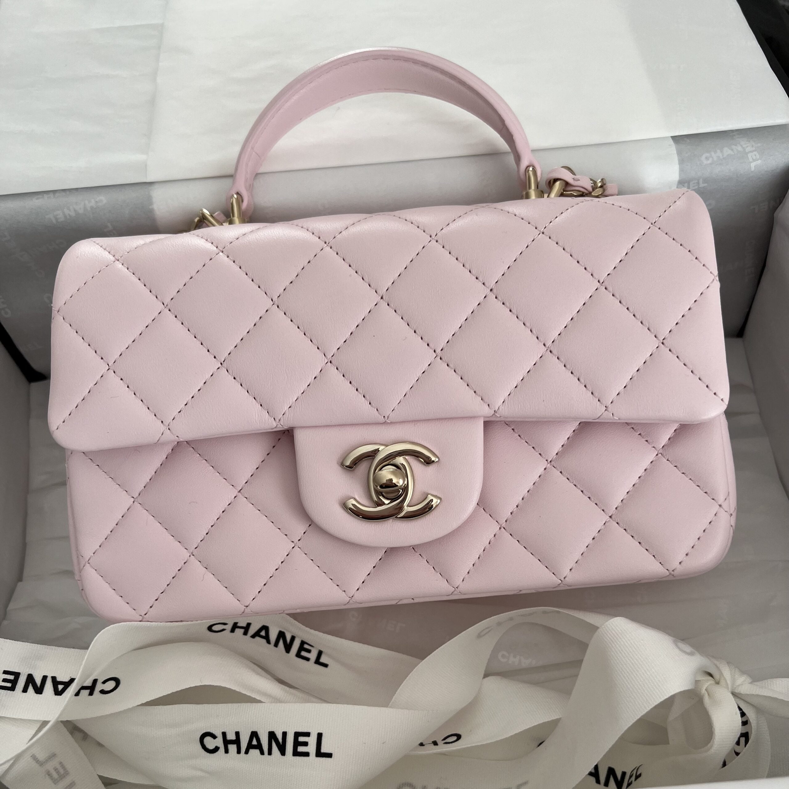 Stunning CHANEL 22P Mini Pink Rectangular Flap Bag with Top Handle