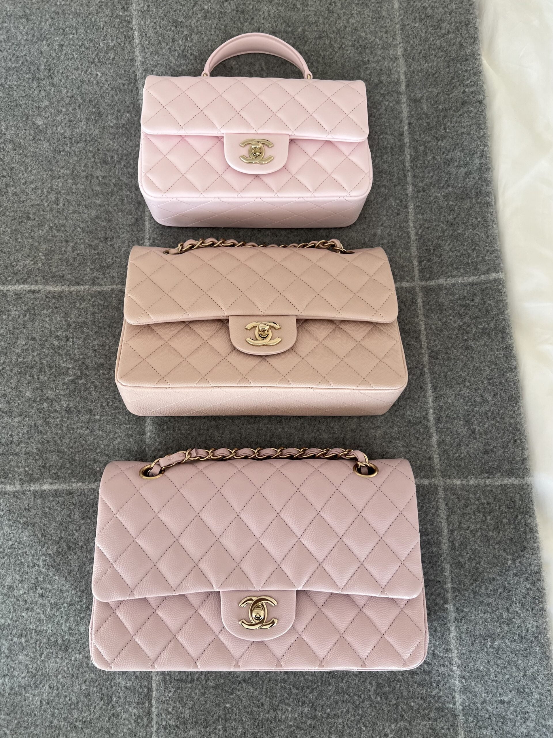 Chanel Classic Medium Double Flap 22B Rose Clair/Light Pink Quilted Caviar  with light gold hardware