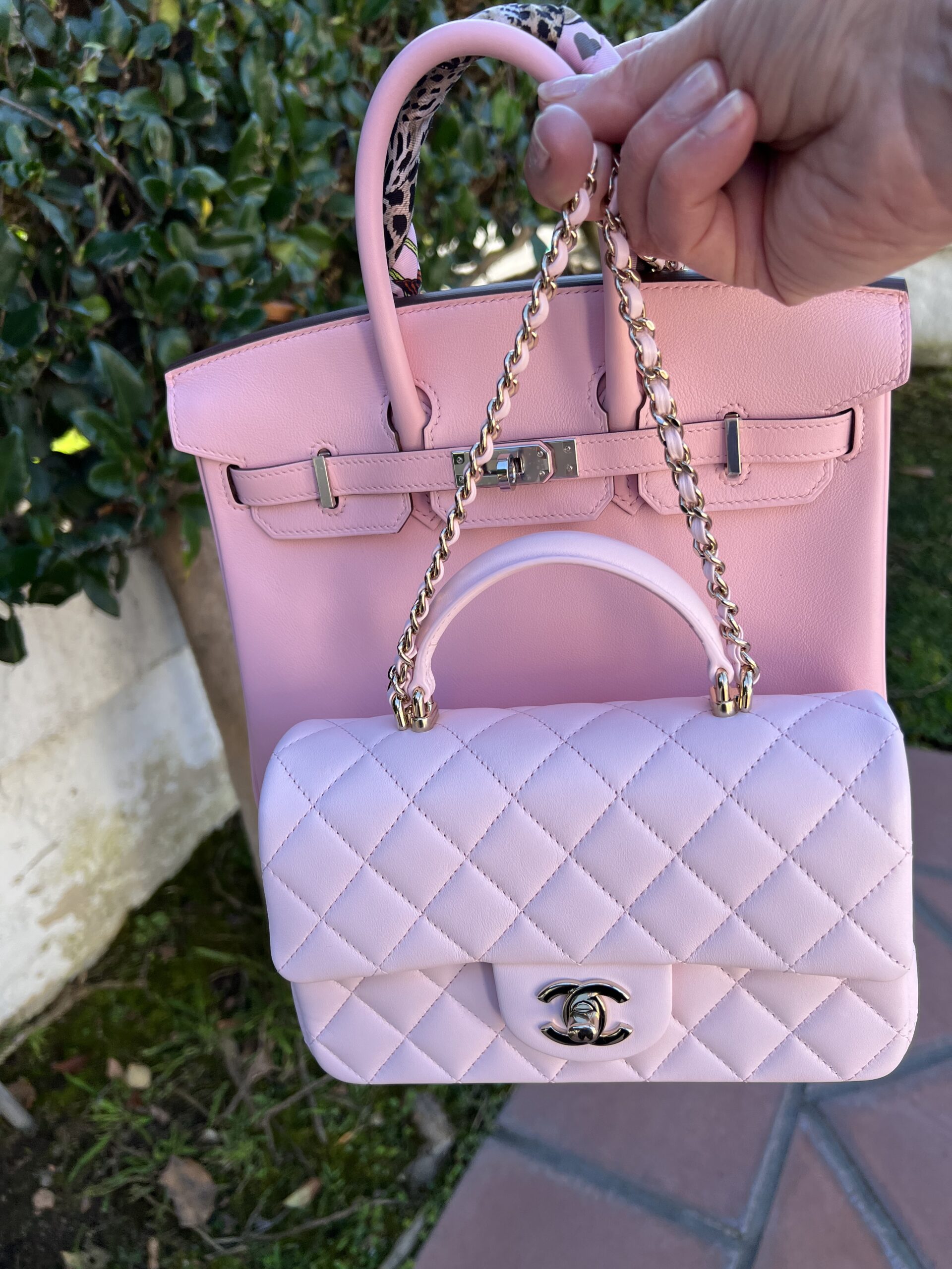 chanel pink and black purse leather