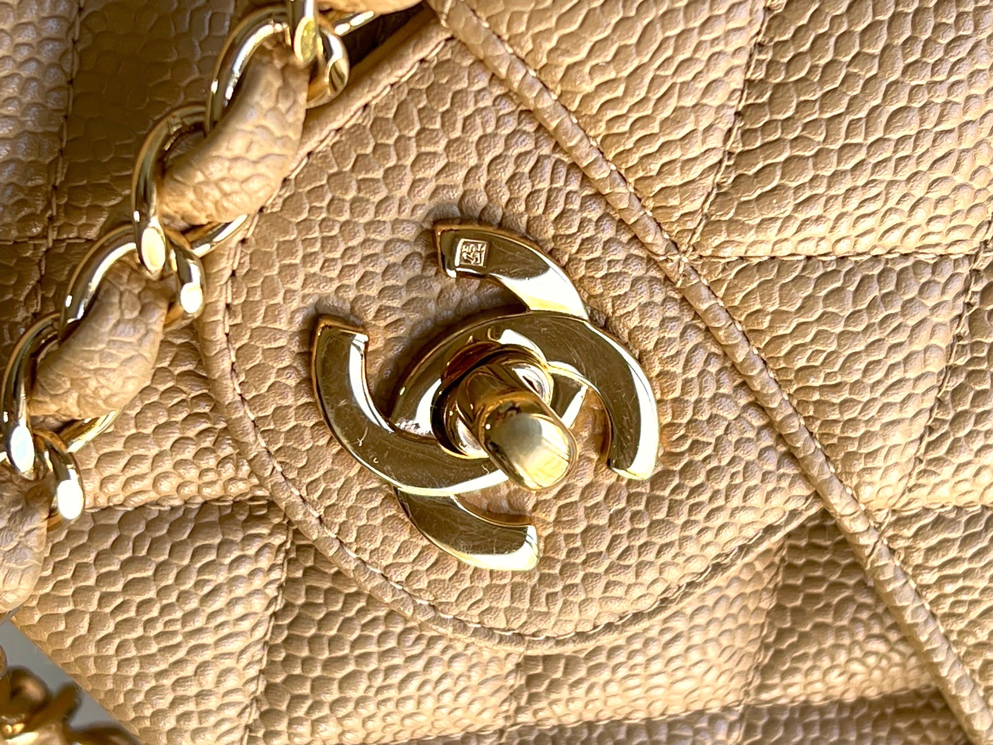 Chanel Vintage CC Large Square Flap Bag Beige Caviar 24K Gold