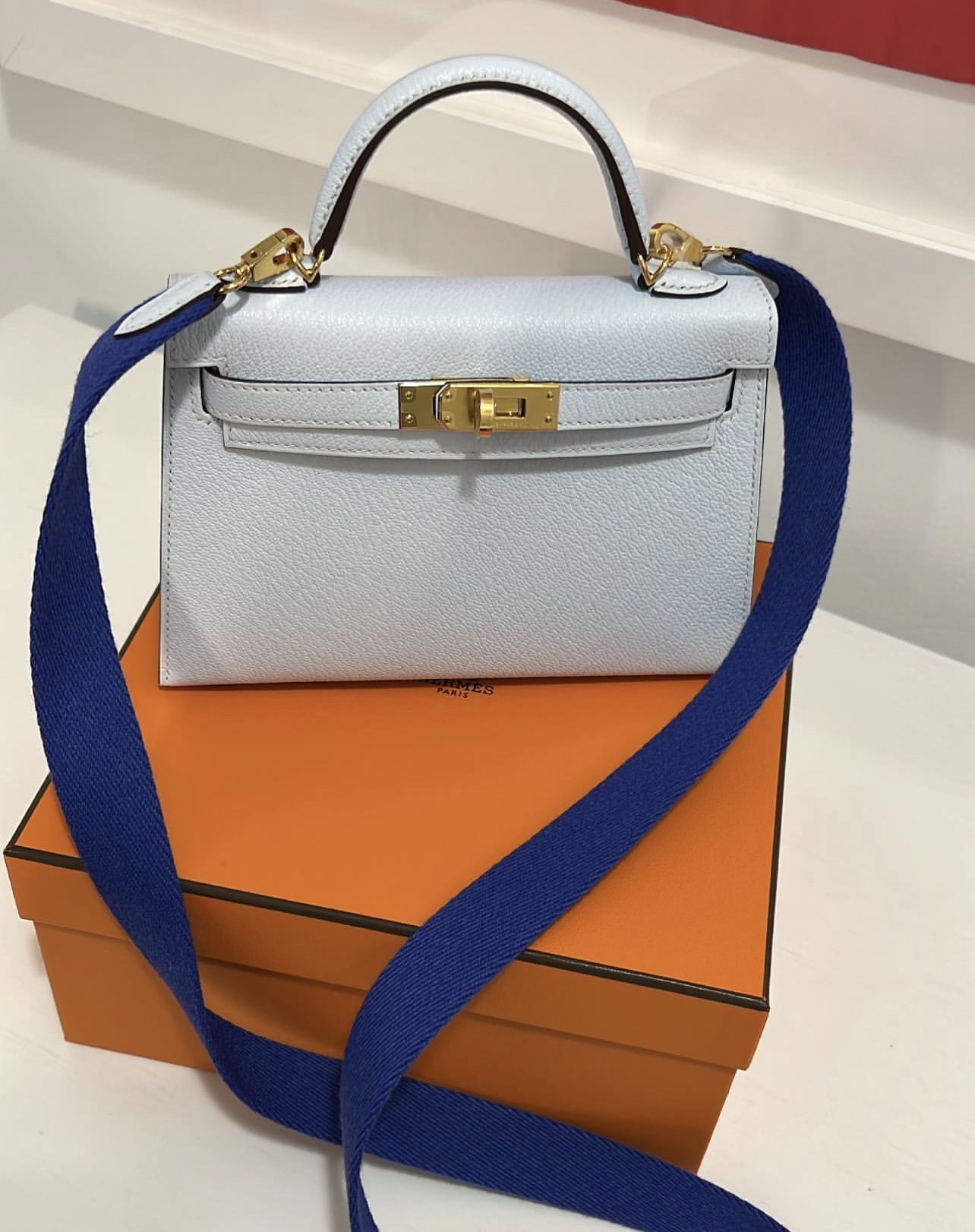 Hermes Kelly 20 Mini Sellier Bag Blue Brume Epsom Leather Gold