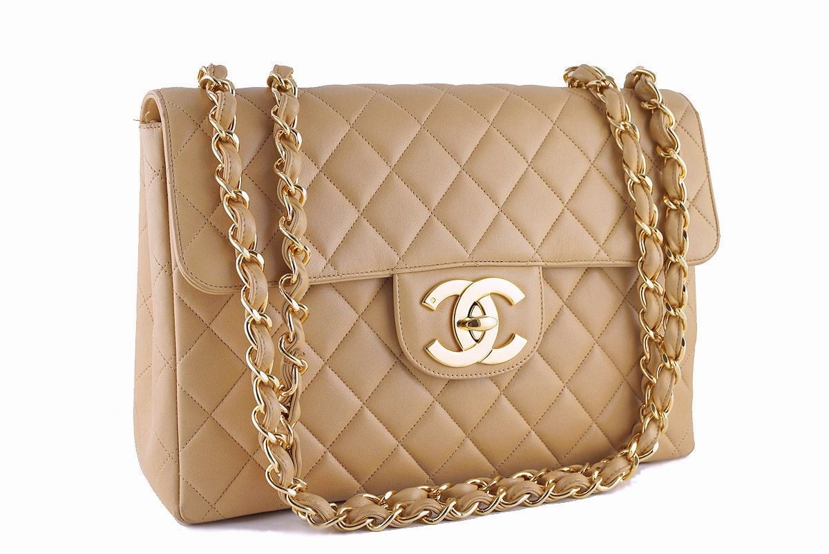 Chanel Classic Vintage Beige Lambskin 24K Gold Chain 3 Way Full Flap Small  Bag