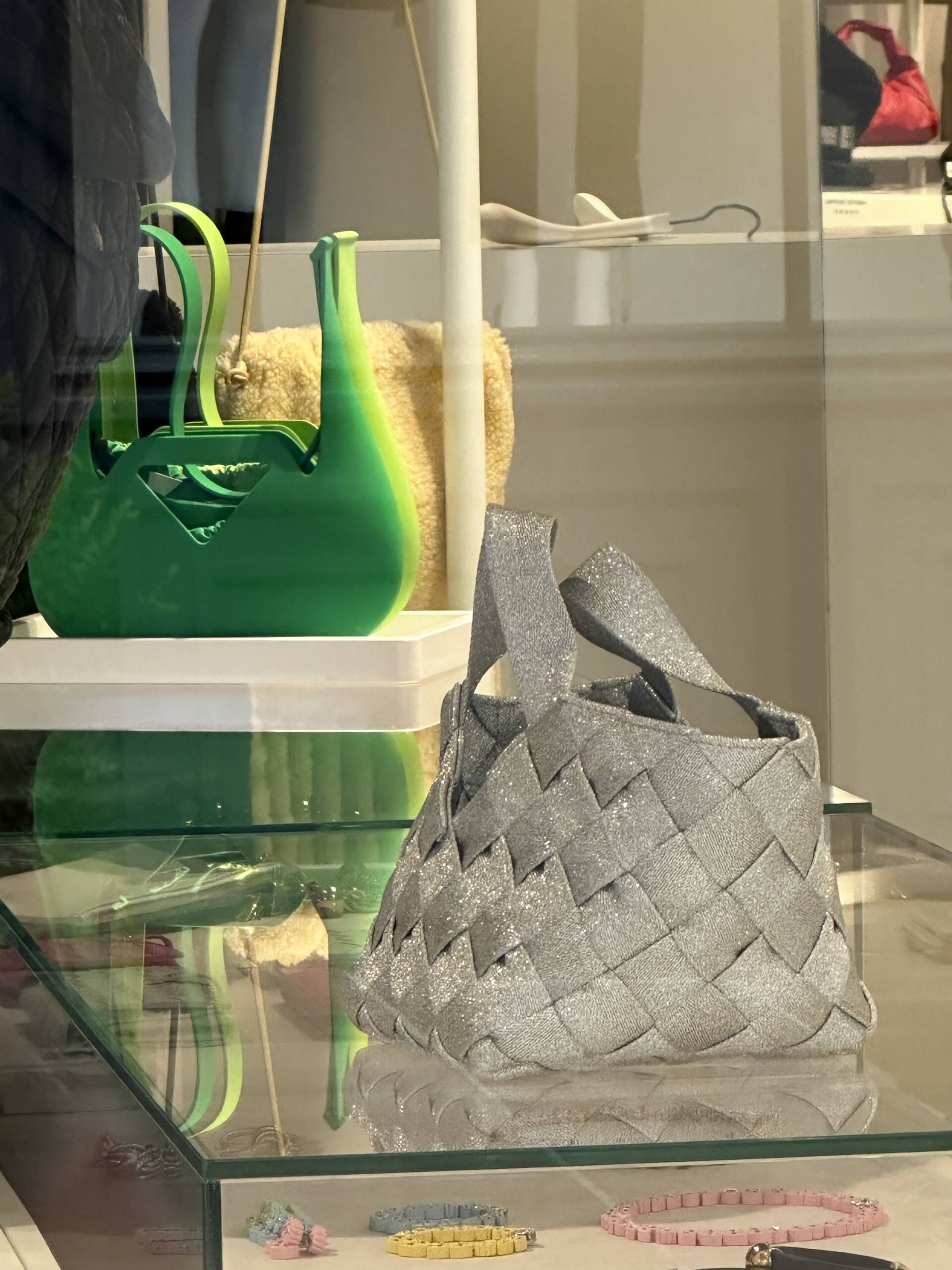 Metallic basketweave Bottega Veneta handbags at the Paris outlet