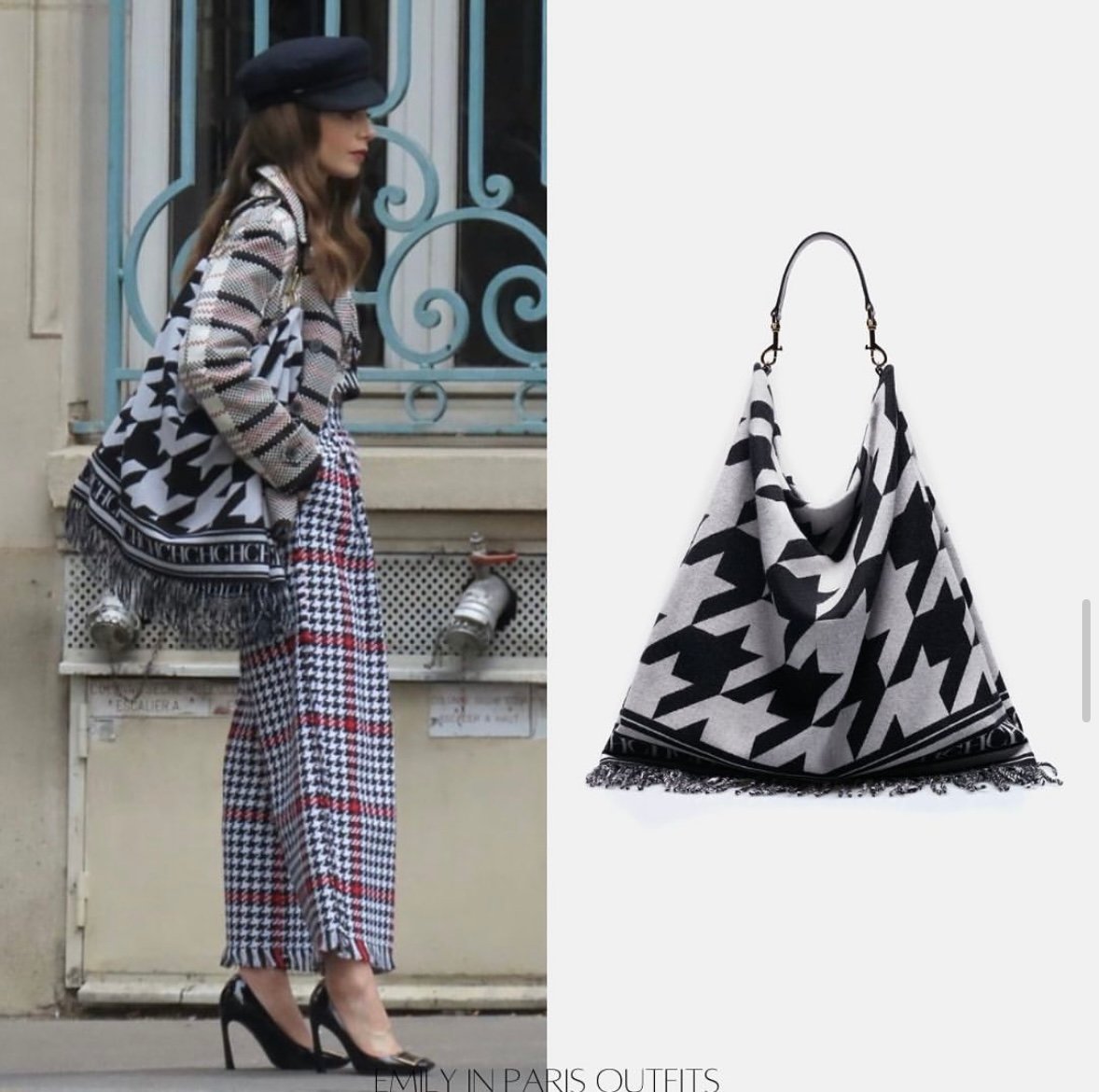 Emily in Paris Season 3 Episode 10, Lily Collins is wearing a Zara checkered jacket, MSGM wide-leg houndstooth trousers, Carolina Herrera Poncho large black and white shoulder bag in Houndstooth print with fringe and Roger Viver trompette pumps. She is wearing a black sailor cap from Galeries Lafayette on the streets of Paris while filming. | Shop the fashion and bags of Emily in Paris Season 3