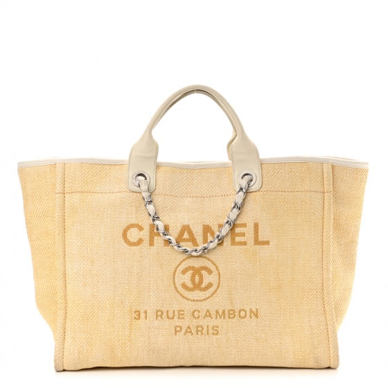 CHANEL Raffia Beige Tan Black Small Deauville Woven Shopping Tote SHW