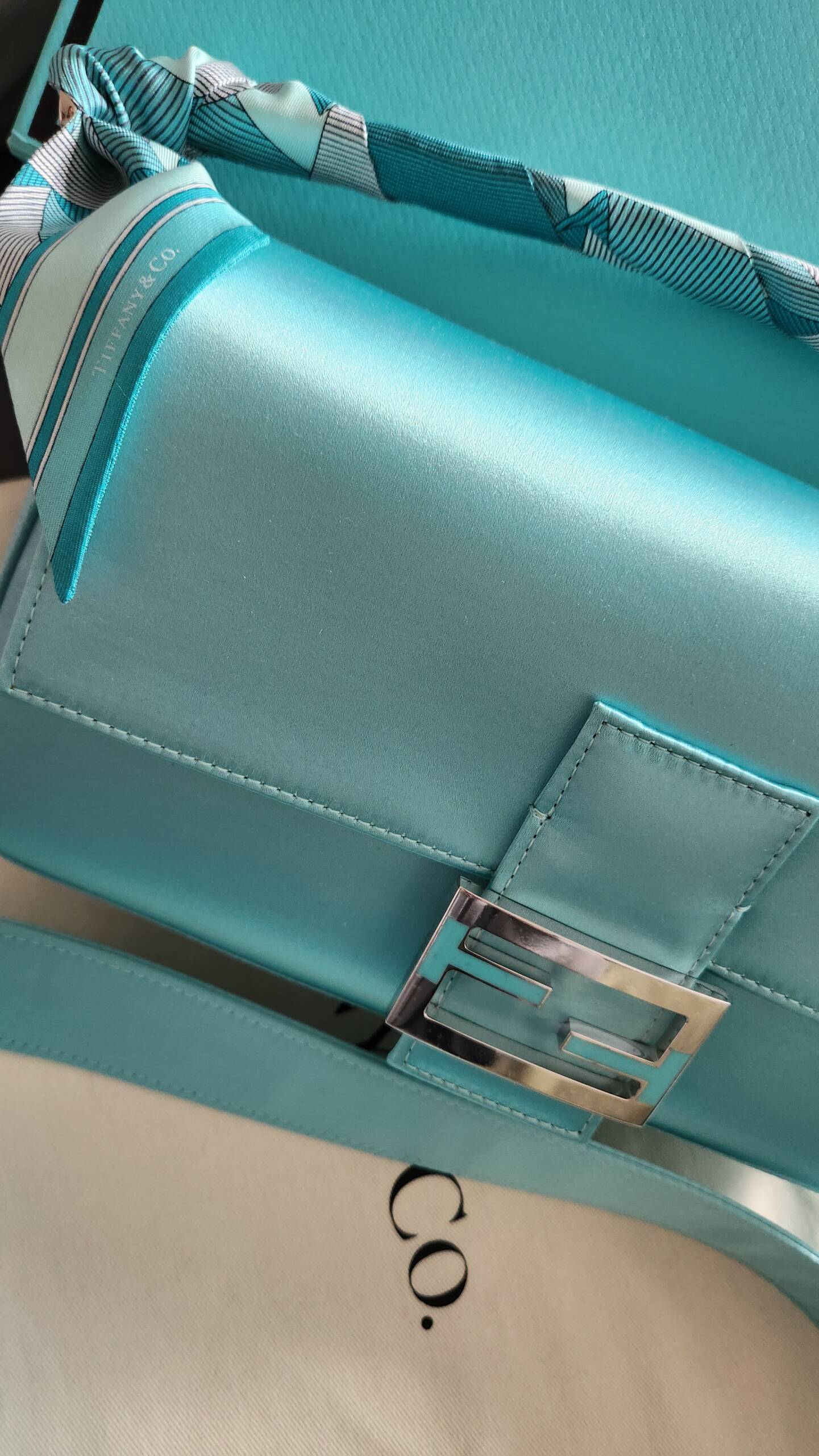 Tiffany x FENDI Medium Baguette in Tiffany Blue Silk Satin, Silver