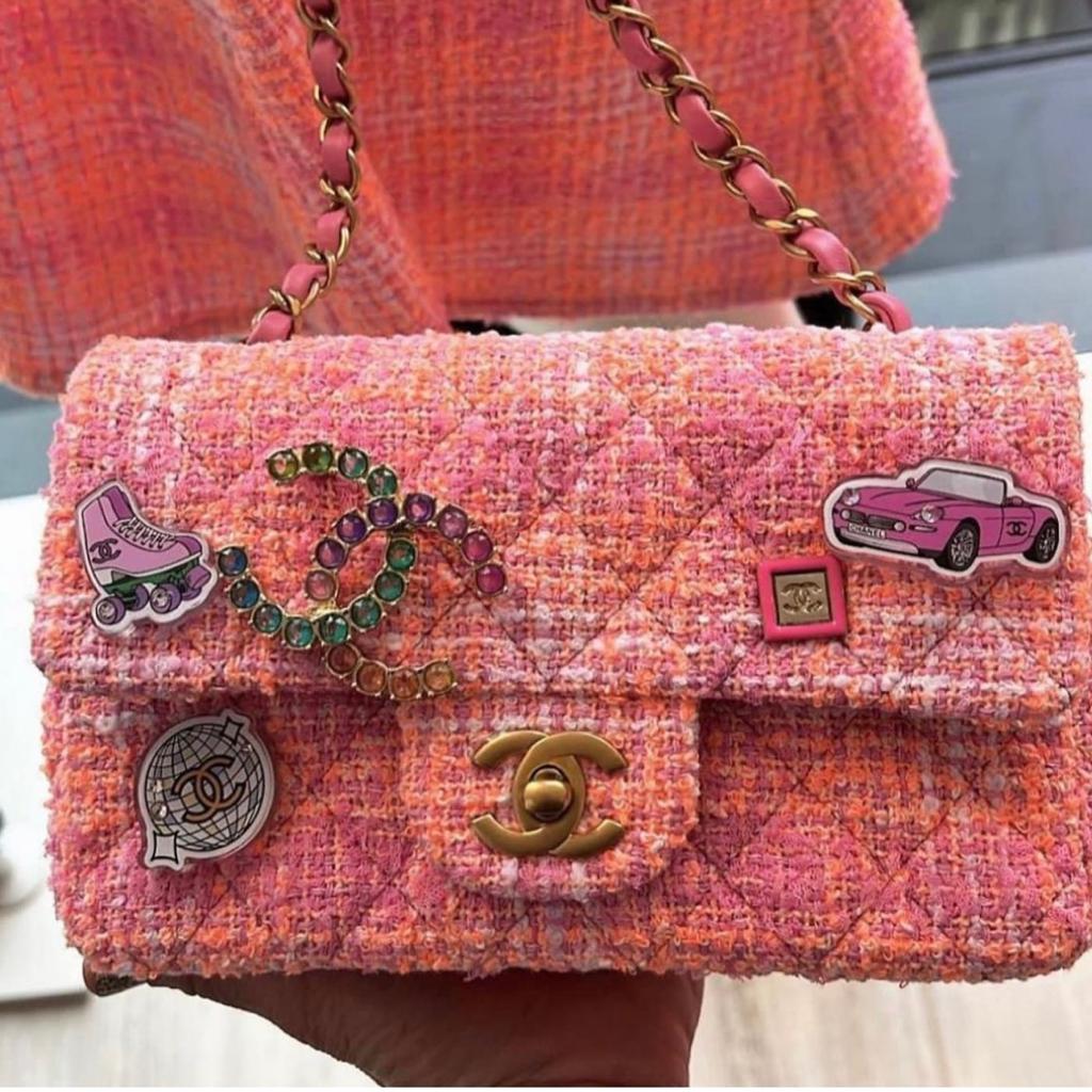 Authentic 2020SS CHANEL Multicolore Tweed Classic Flap Bag PINK ORANGE BLUE