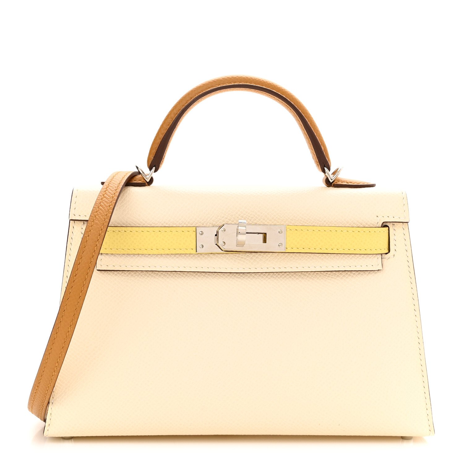 Hermes Kelly Sellier 25 Tri-Color Nata, Jaune Poussin and Sesame Epsom  Palladium Hardware