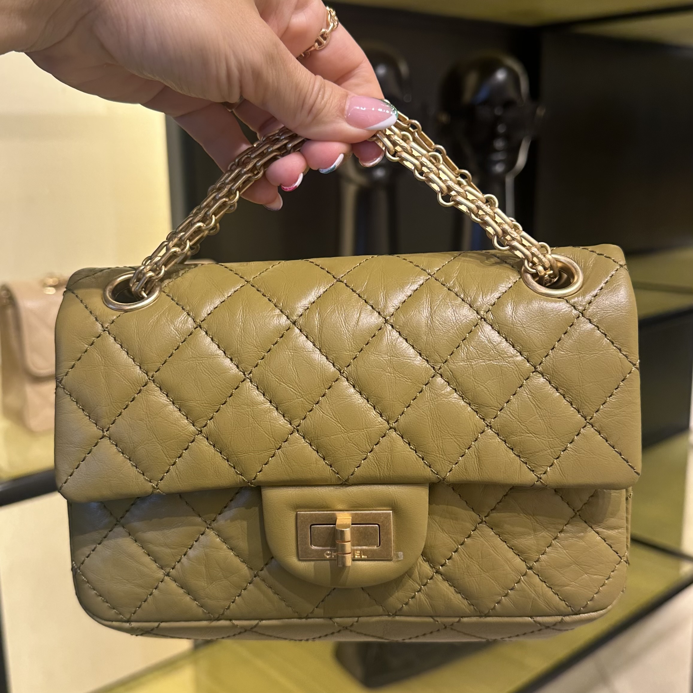 Chanel 19A Mini Reissue Beige Quilted Aged Calfskin with shiny