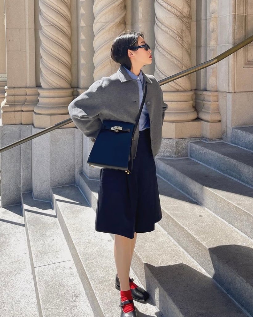 Hermes Kelly micro blue bag  Blue bag outfit, Blue handbag outfit