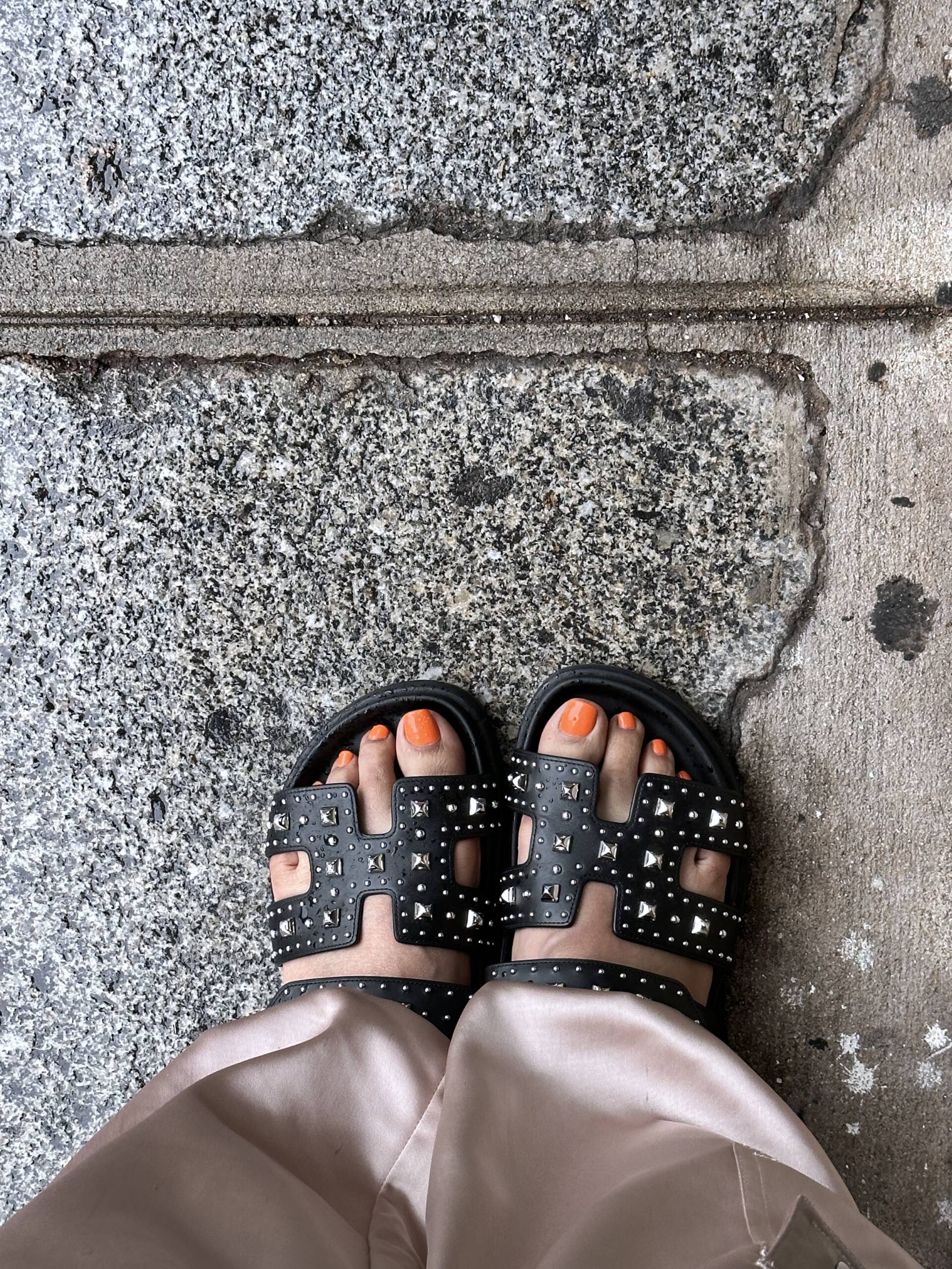 Wearing my new studded Chypre sandals released for F/W 2023. 