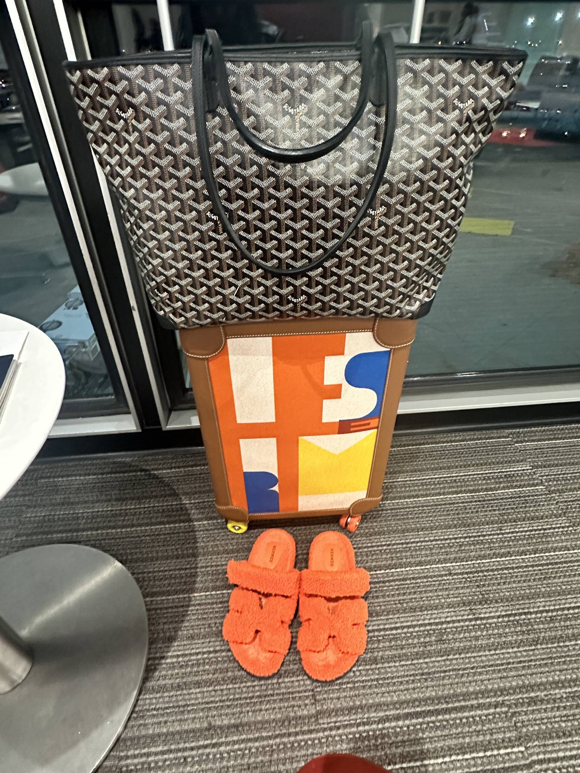 Goyard Artois tote to secure my contents as it's a fully zippered tote. Hermes luggage Chypre sandals
