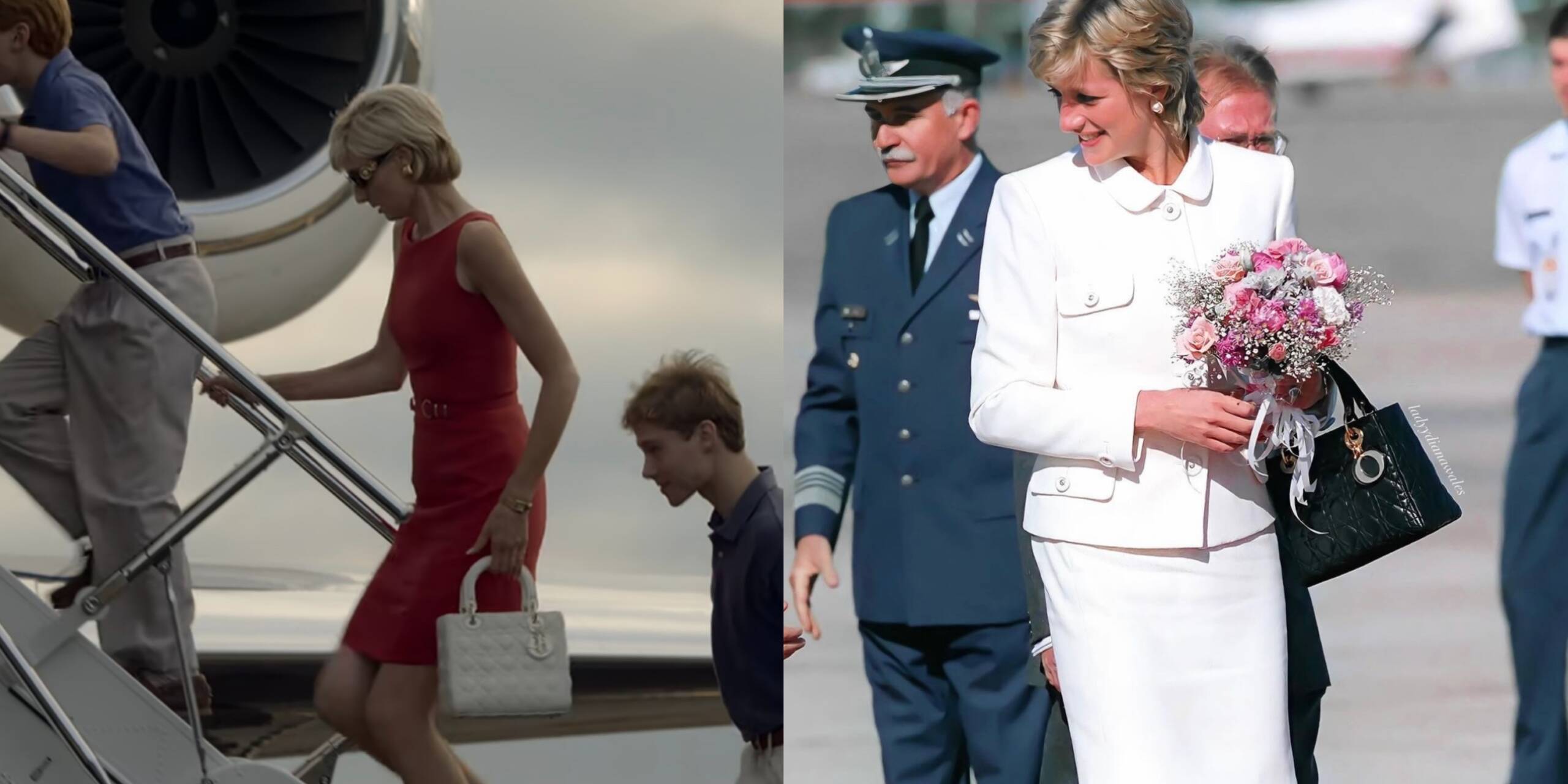 A side by side of Princess Diana depicted in The Crown (season 6) and Princess Diana in Reality