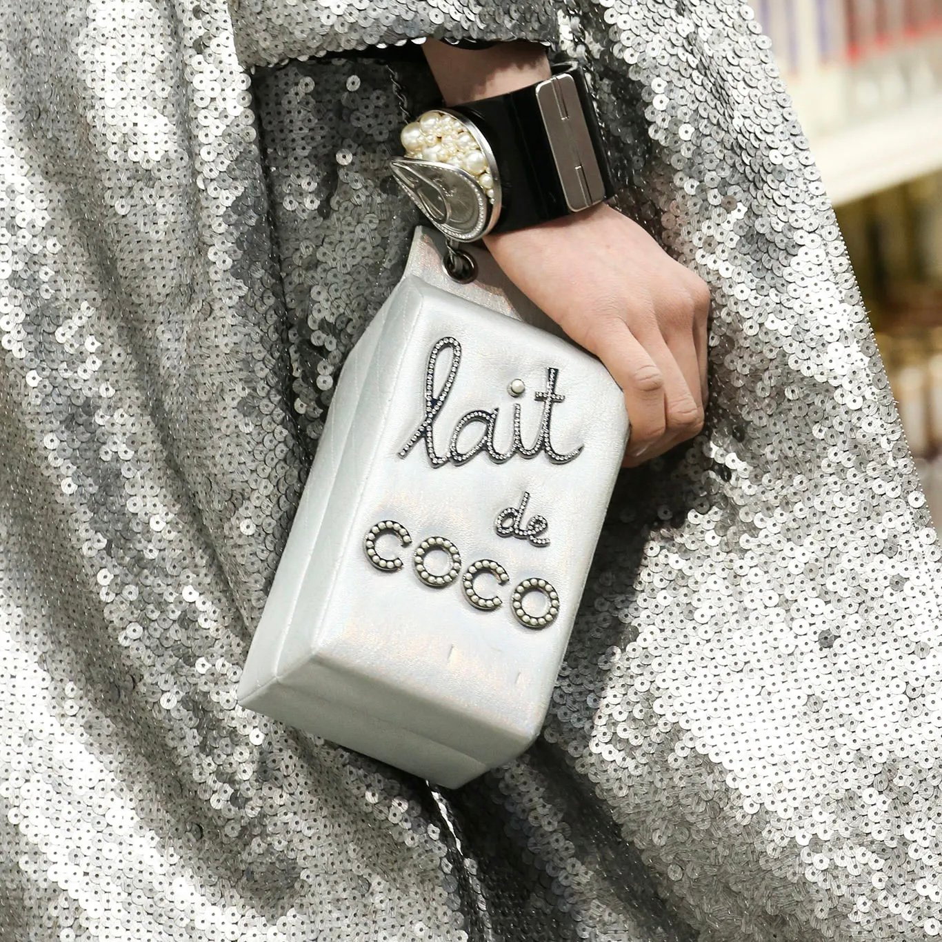 Chanel Supermarket Lait de Coco Iridescent Silver Metallic Goatskin Leather Milk Carton Minaudière