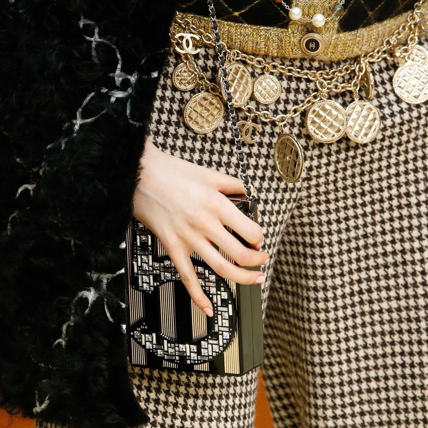 Chanel Black & Gold Striped Lucite Strass N°5 Minaudière with Gold Hardware Fall 2015