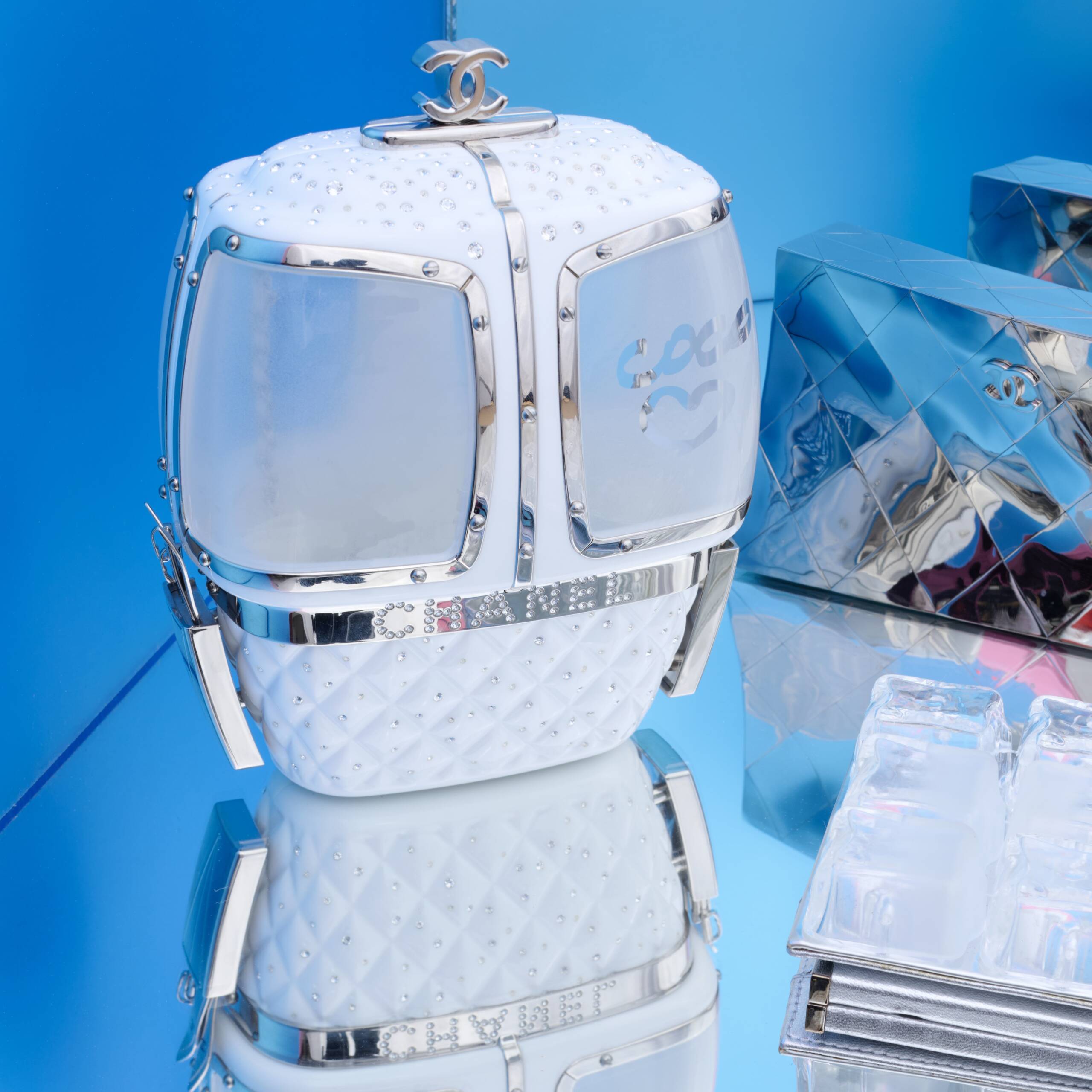 Chanel Evening In The Mountain White Lucite & Strass Crystal Ski Lift Gondola Minaudière