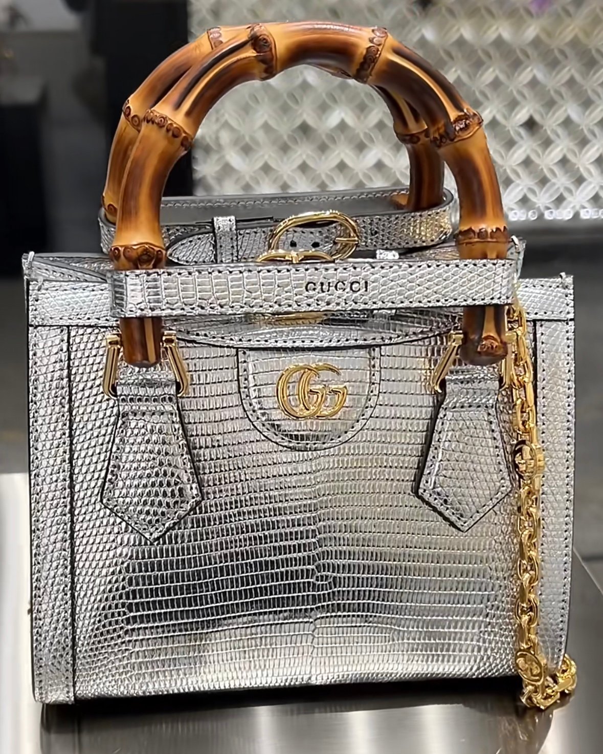 Gucci - Diana Python Small Tote silver