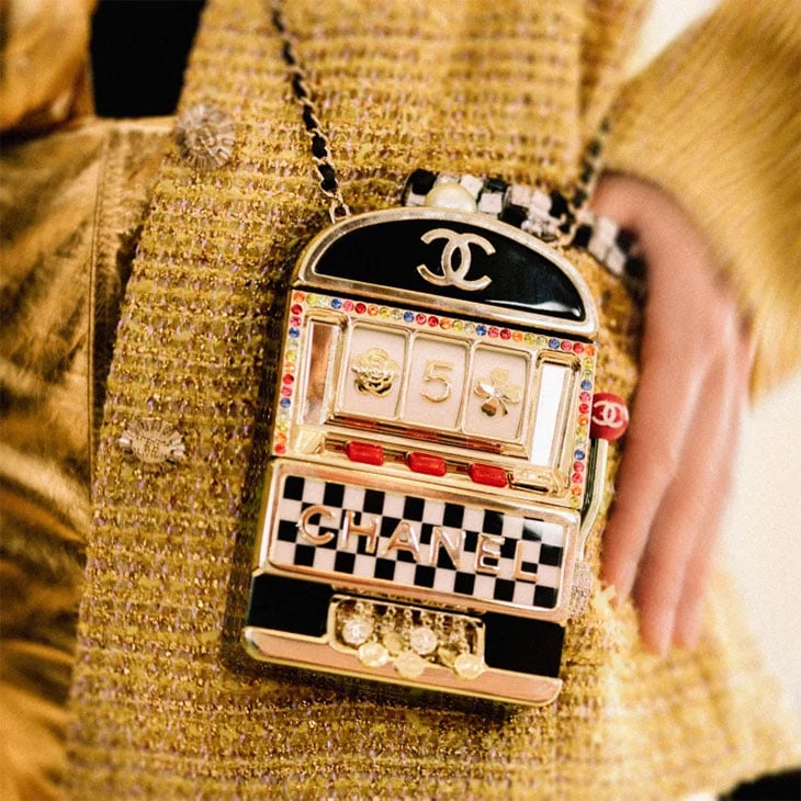 Chanel Black Lucite, Enamel, and Crystal Slot Machine Minaudière with Gold hardware Resort 2023