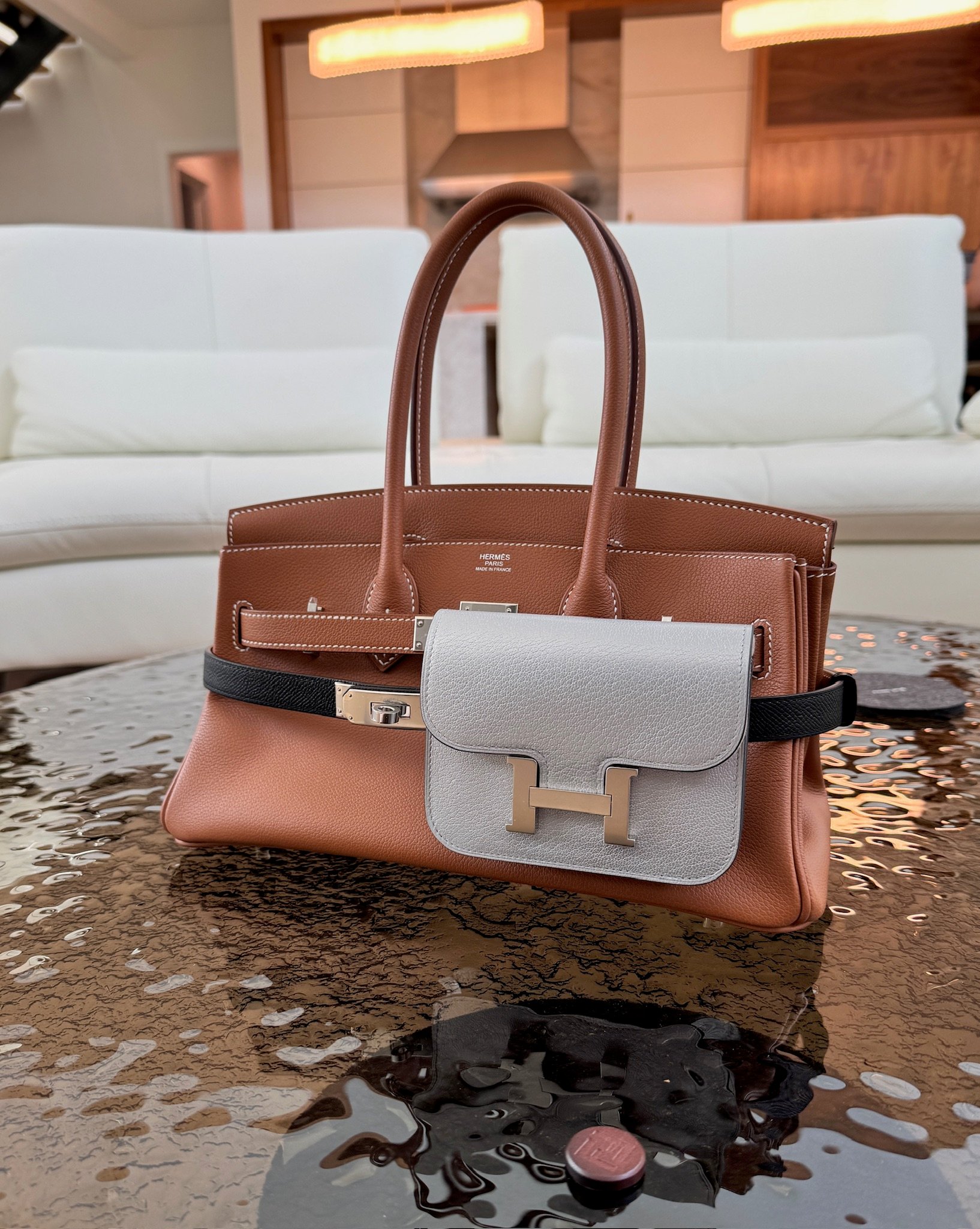 hermes gold shoulder birkin light with black eklly 18 and gris argente constance slim to form a diy cargo birkin