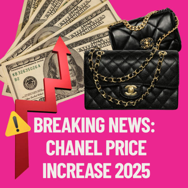 Graphic showing Chanel handbag price increases in 2025, highlighting new prices for Classic Flap, 2.55, Chanel 22, and Boy Bag models with upward arrows and percentage changes.